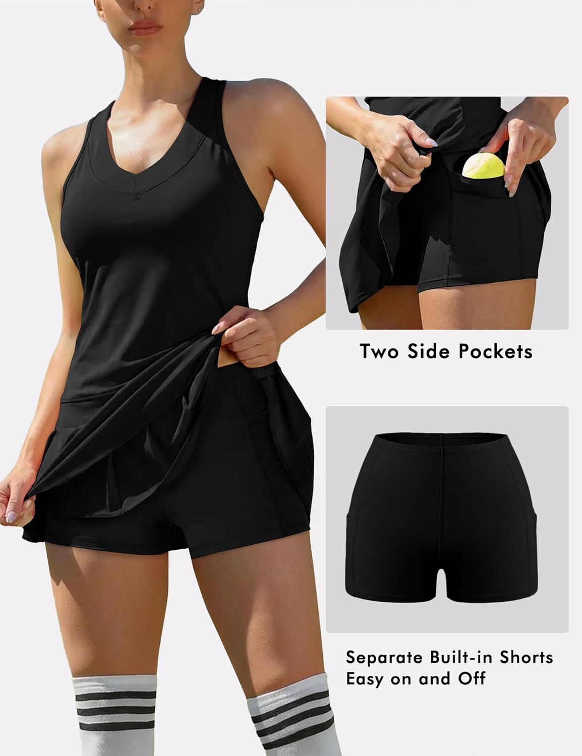 Saslax Women's Tennis Dress with Separate Shorts & Pockets, V-Neck Sleeveless Quick-Dry Workout Athletic Golf Dress - Image 4