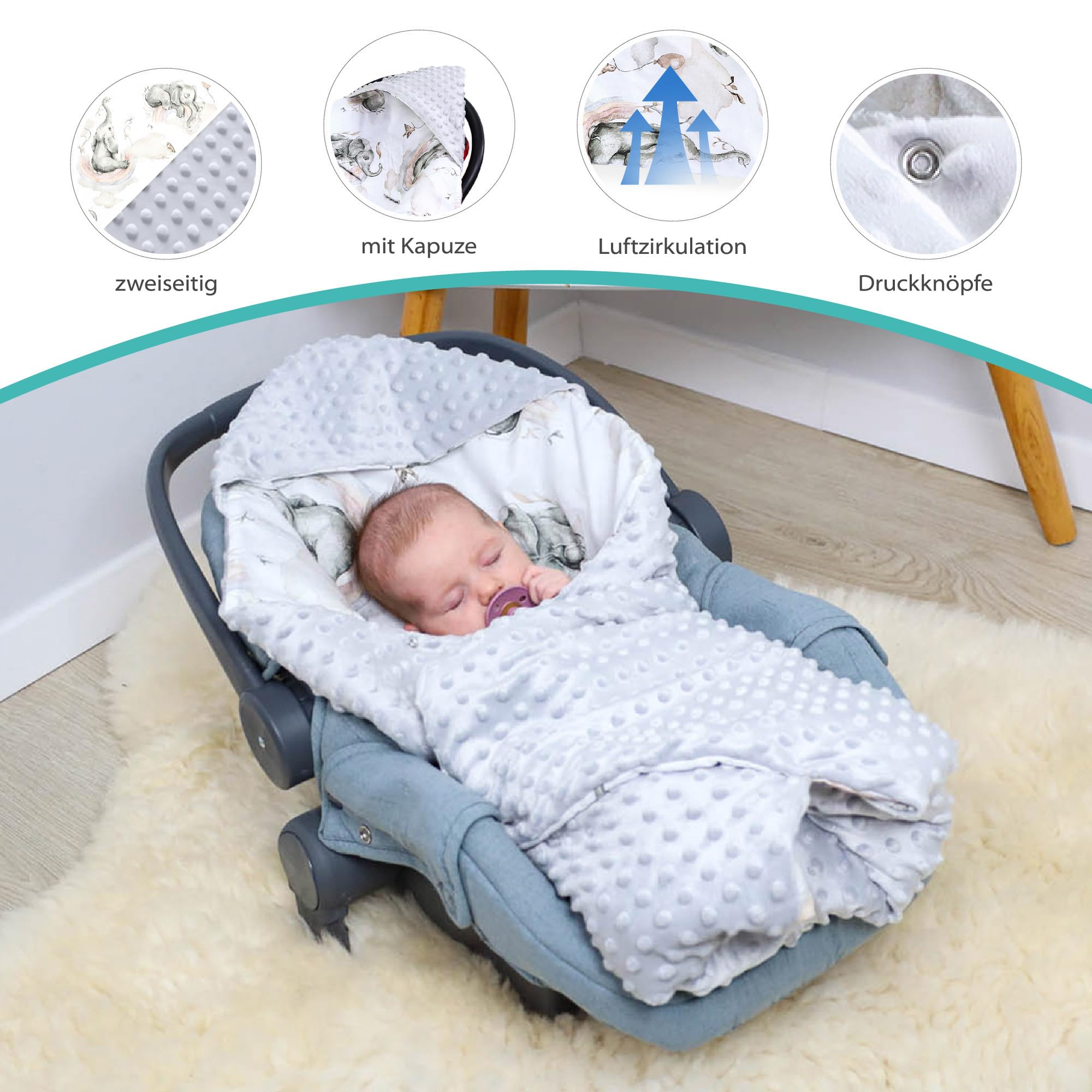 Totsy Baby Couverture pour bébé 90 x 90 - utilisable sur Le siège Auto, de la Poussette couverture d'hiver Gris éléphant
