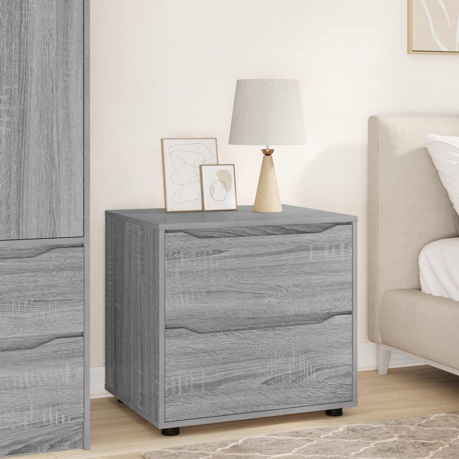 Armario de almacenamiento con cajón y 2 compartimentos de madera gris 60x48x57 cm