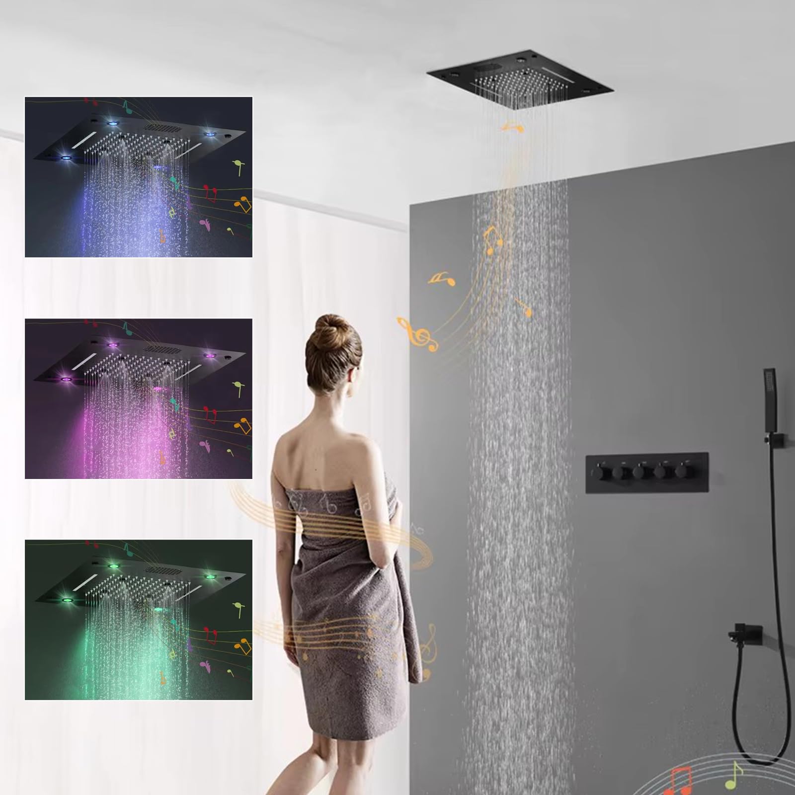 Colonna Doccia Senza Miscelatore,Set Doccia Multifunzione con termostato,Kit Doccia con Musica Bluetooth con soffione da 16inch,LED Multicolore,doccetta Manuale, Doccia soffione Completo