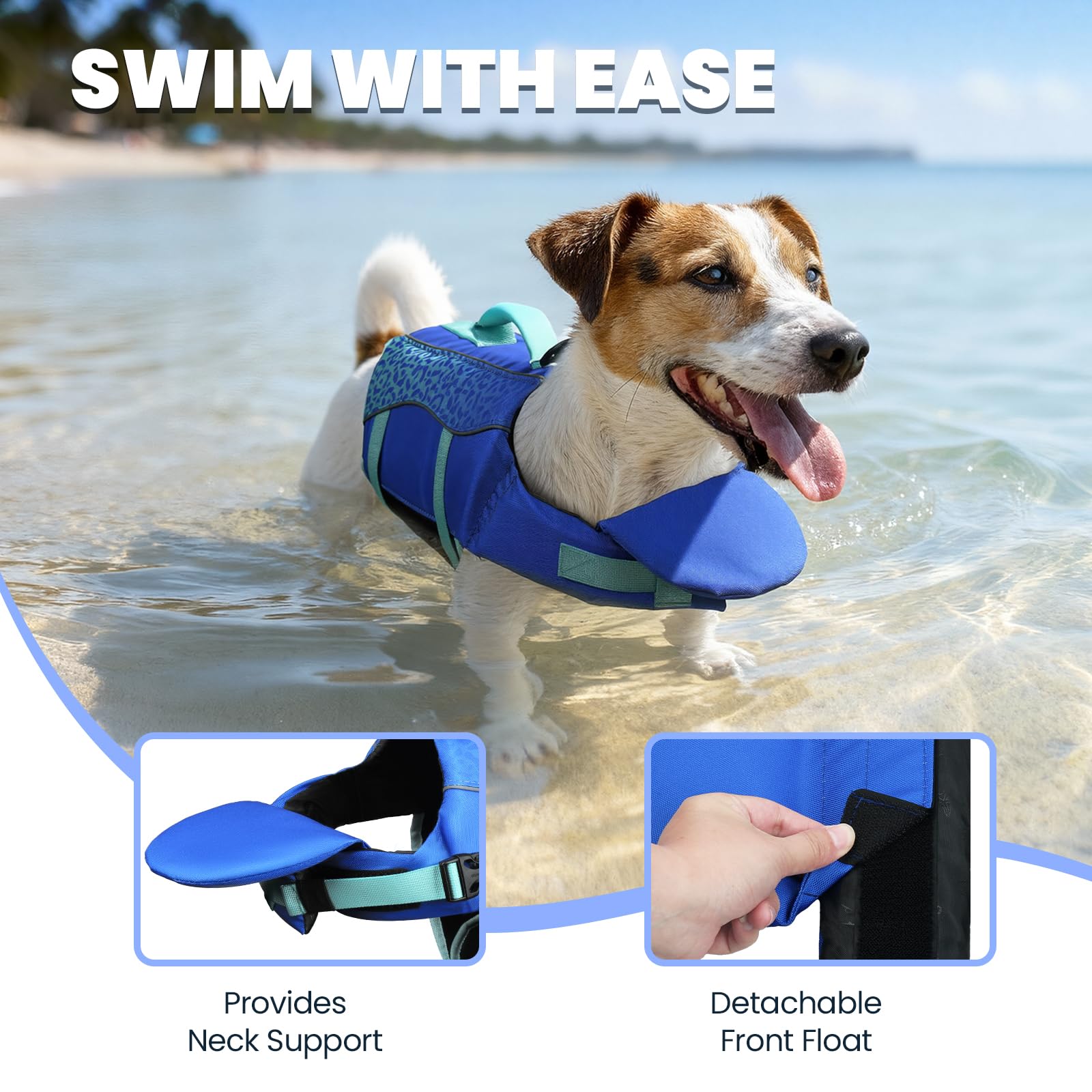 VIVAGLORY Front Float Schwimmweste Hund, Hundeschwimmweste für Bootfahren, Schwimmweste with Kopfstütze, Auftrieb & Schwimmhilfe, XS, Dunkelblau