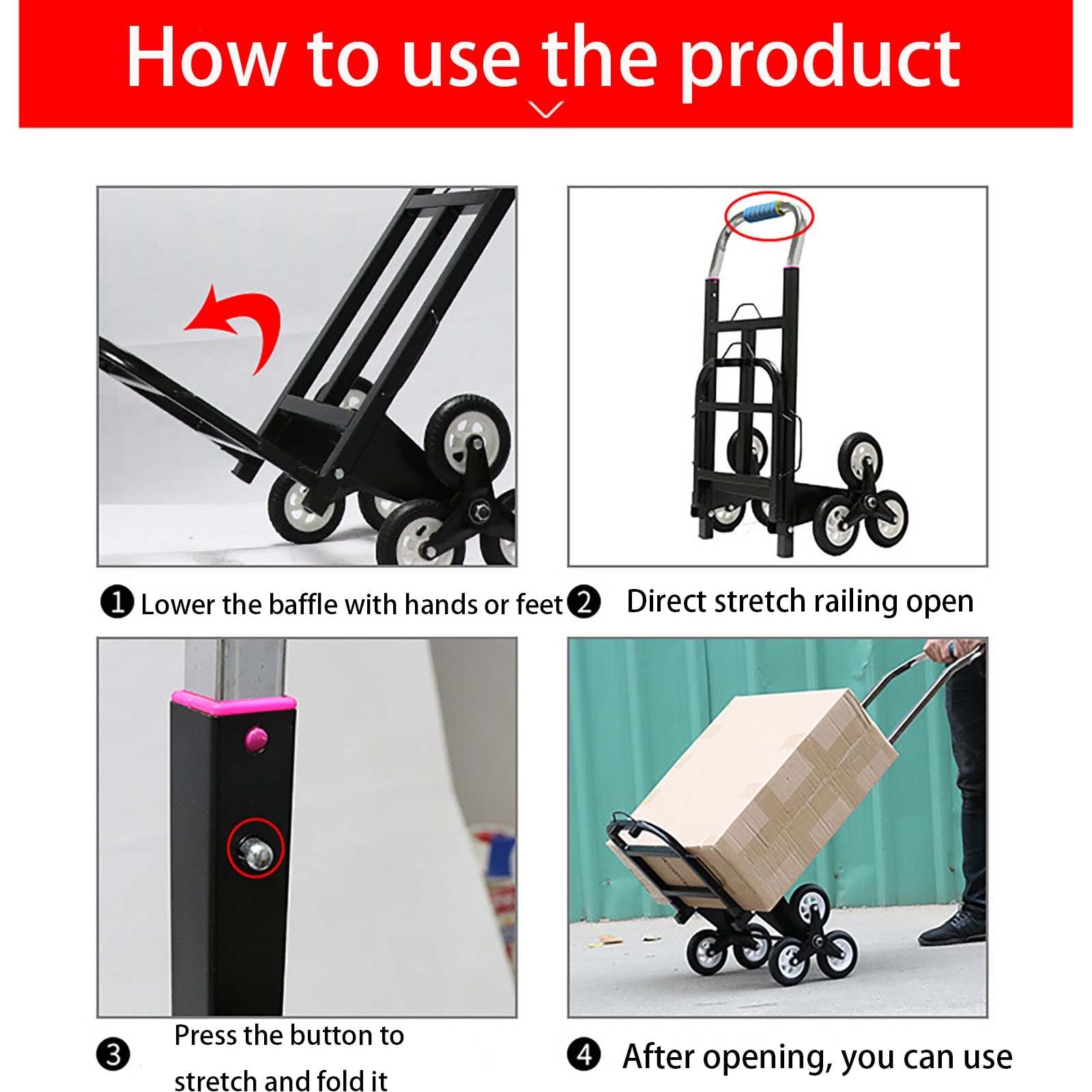 Carretilla para Subir escaleras, transpaleta Manual, Carretilla de Mano portátil Plegable, Carretilla para Subir escaleras con 6 Ruedas de Goma Maciza, Carretilla para Subir escale