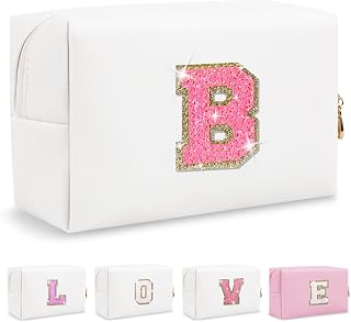 Small Personalized Initial A-Z Patch Makeup Bag,White Cute PU Leather Glitter Letter Cosmetic Bag for Teen Girls,Travel Toiletry Bag with Zipper,Preppy Monogrammed Birthday Gift for Daughter Niece B