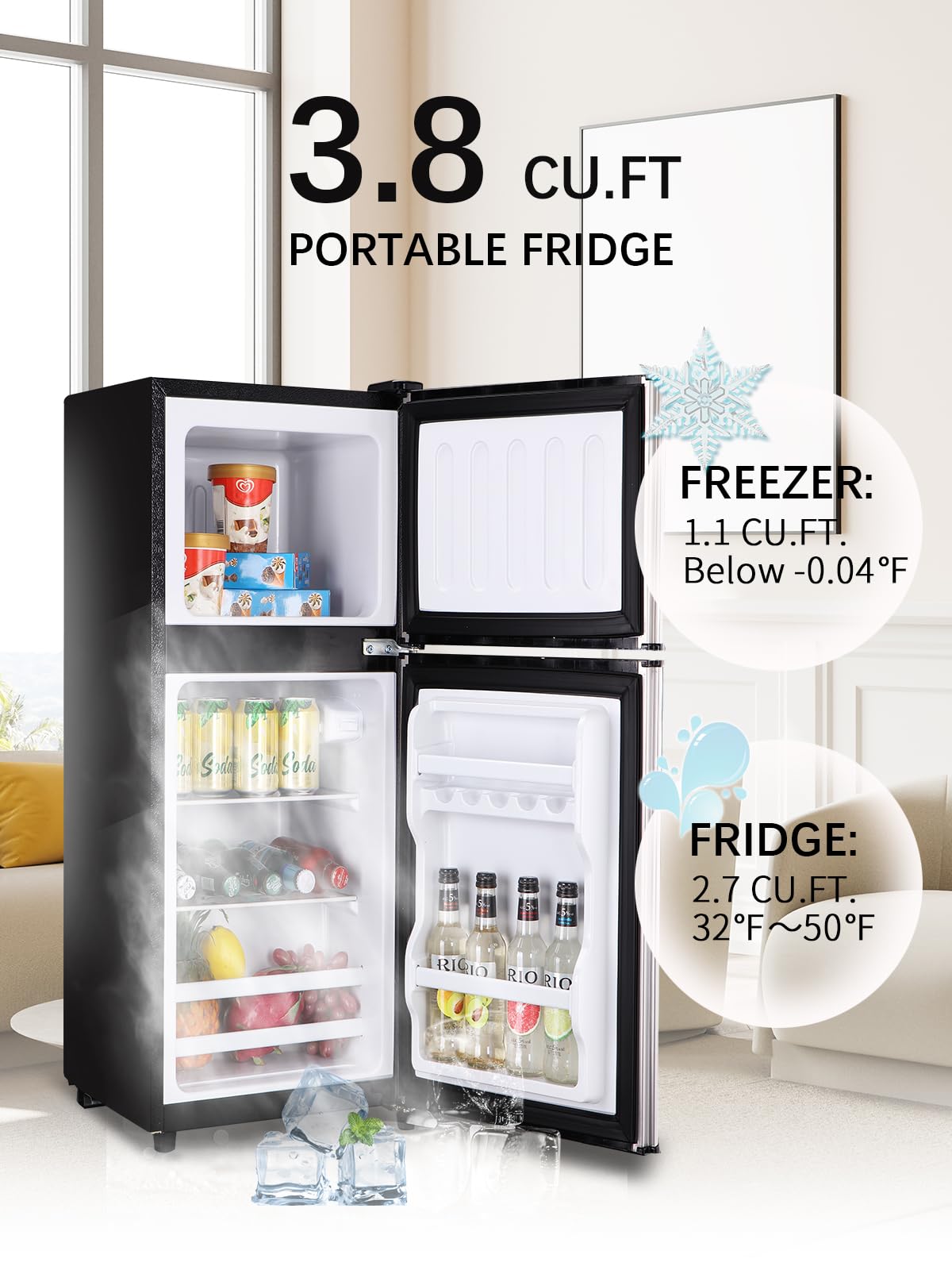 Krib Bling 3.8 Cu.Ft Refrigerator 2 Door 7 Level Adjustable Thermostat Control Top-Freezer Refrigerator Lock Fresh Energy Saving Silver on Fridge.com - View 4