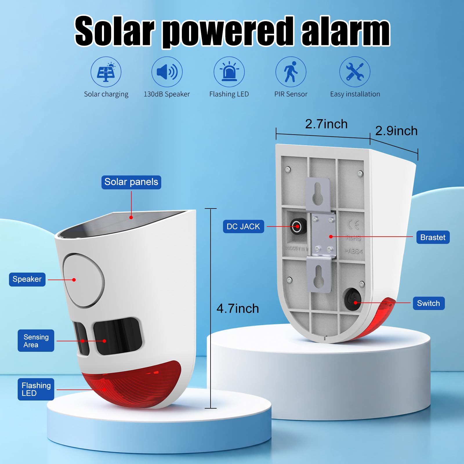 Solar Bewegungsmelder Alarm mit Blitzleuchte, 130dB Außensicherheitsalarmanlage, 13 Alarmtöne mit Fernbedienung, wasserdichter PIR-Bewegungsmelder für Bauernhöfe, Höfe, Gärten und Obstplantagen.4PCS