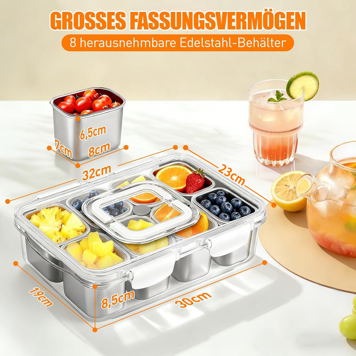 Snackbox mit 8 Edelstahl Fächern Tragbar Snack Aufbewahrungsbox mit Deckel und Griff, Auslaufsicherer Snackdose Organizer für Snacks Süßigkeiten Keksen Dessert GemüseNüsse Obst Gewürze