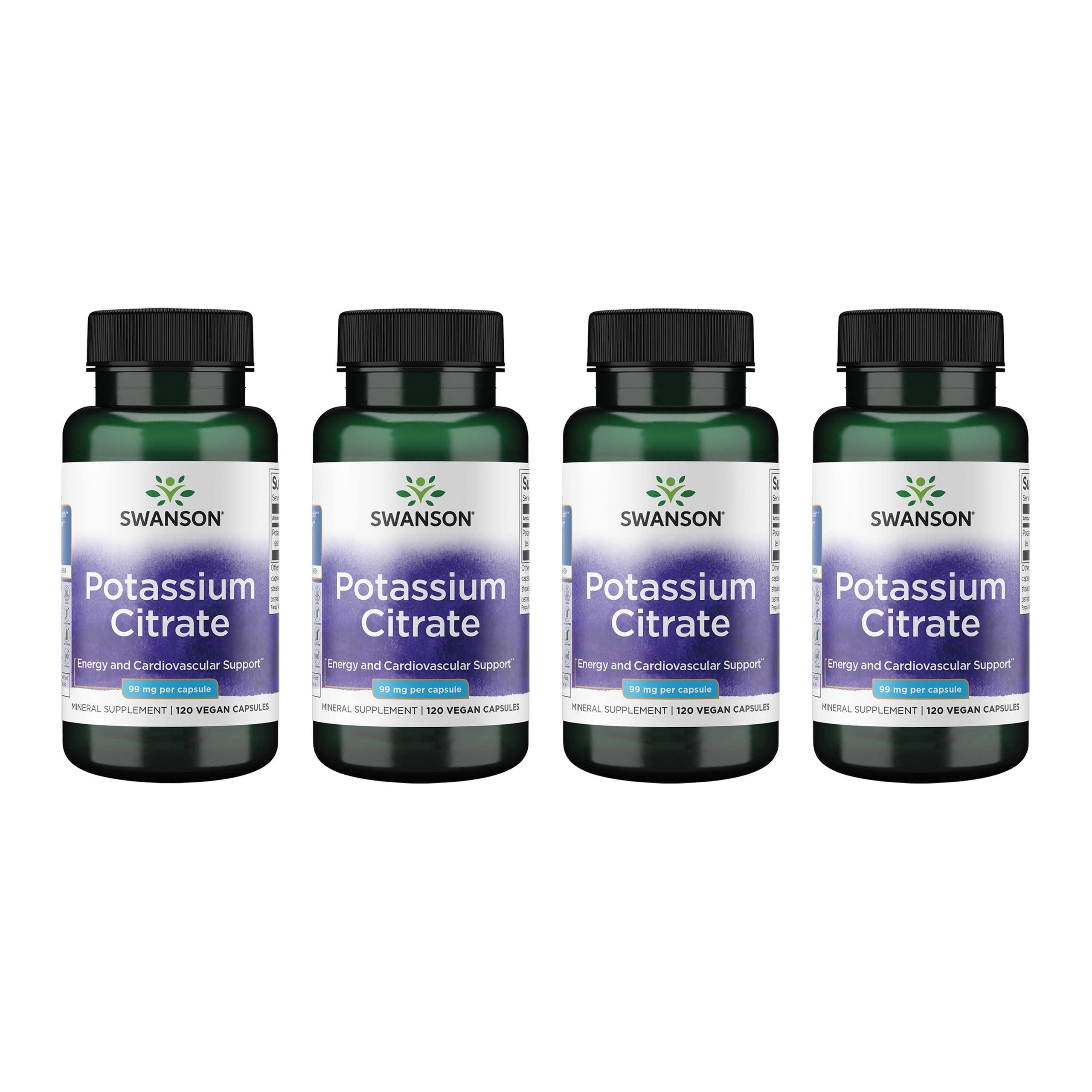Swanson Potassium Citrate - Mineral Supplement Promoting Heart Health & Energy Support - Aids Optimal Nerve & Kidney Function with Natural Ingredients - (120 Capsules, 99mg Each) (4 Pack)