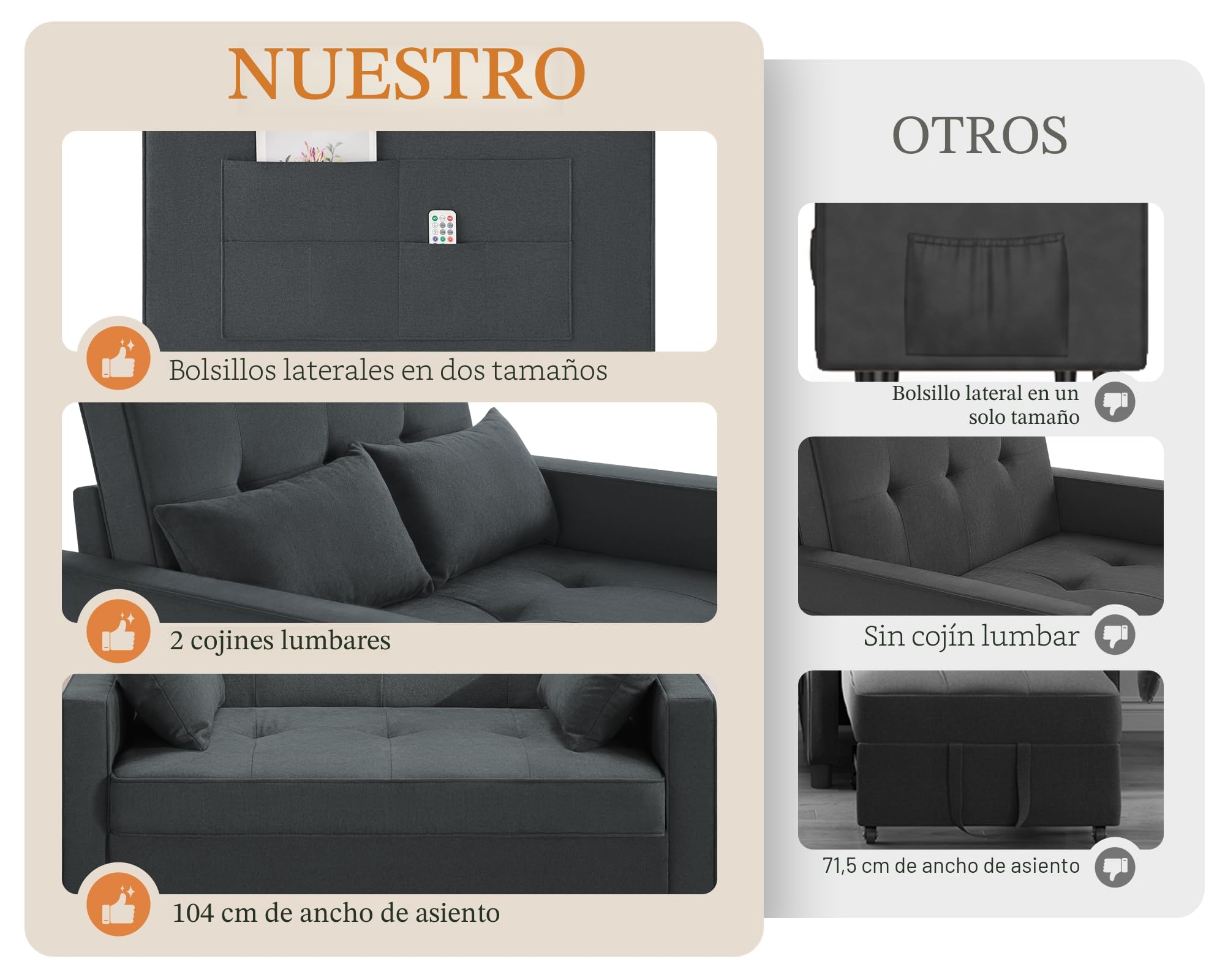 LUXOAK Sofá cama de 186 x 122 cm con respaldo ajustable de 5 niveles, sofá cama 3 en 1 con cojín y bolsillo lateral, sofá de lino gris para habitaciones de invitados y espacios pequeños