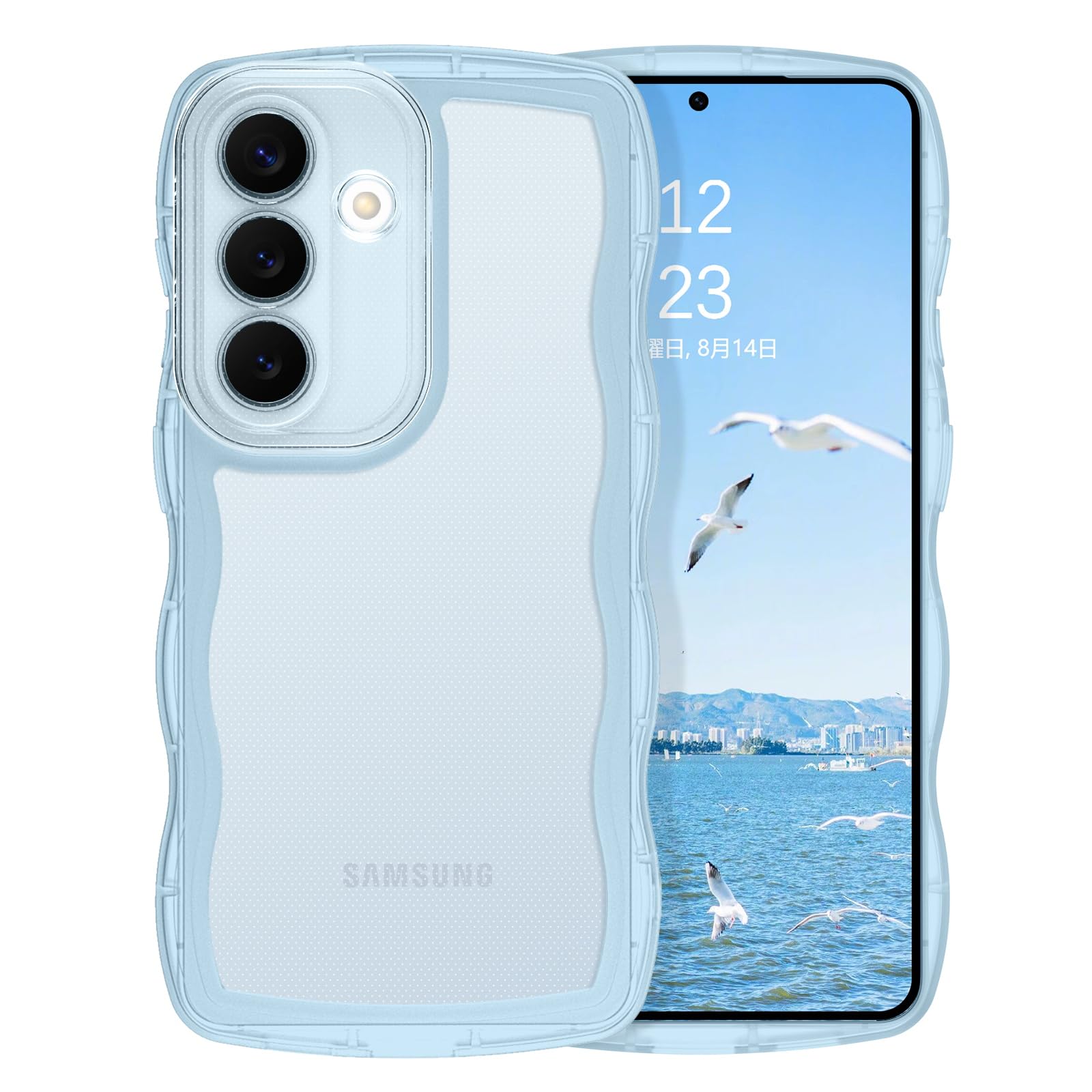 VENINGO Galaxy S26 ケース ブルー ギャラクシーS26 ケース ウェーブ おしゃれ TPU 韓国 かわいい 可愛い スマホケース 人気 シンプル 滑り止め 薄型 軽量 耐衝撃 指紋防止 レンズ保護 ストラップホール付き シリコン 6.3インチ 透明な青