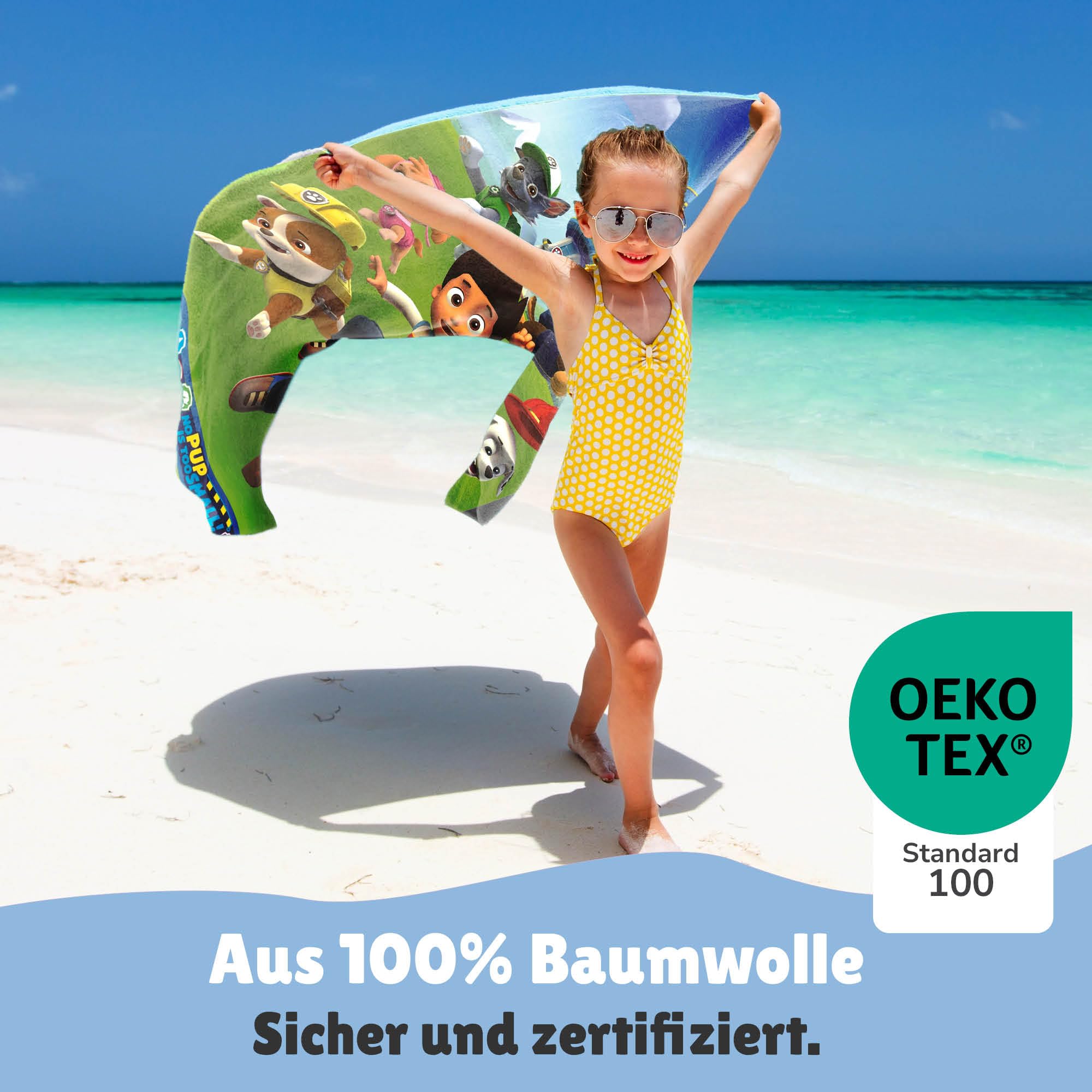 Familando – Paw Patrol Strandtuch Kinder 75x150 cm – Badetuch & Duschtuch aus 100% Baumwolle – mit Ryder, Marshall, Skye & Pups – Öko-TEX Zertifiziert