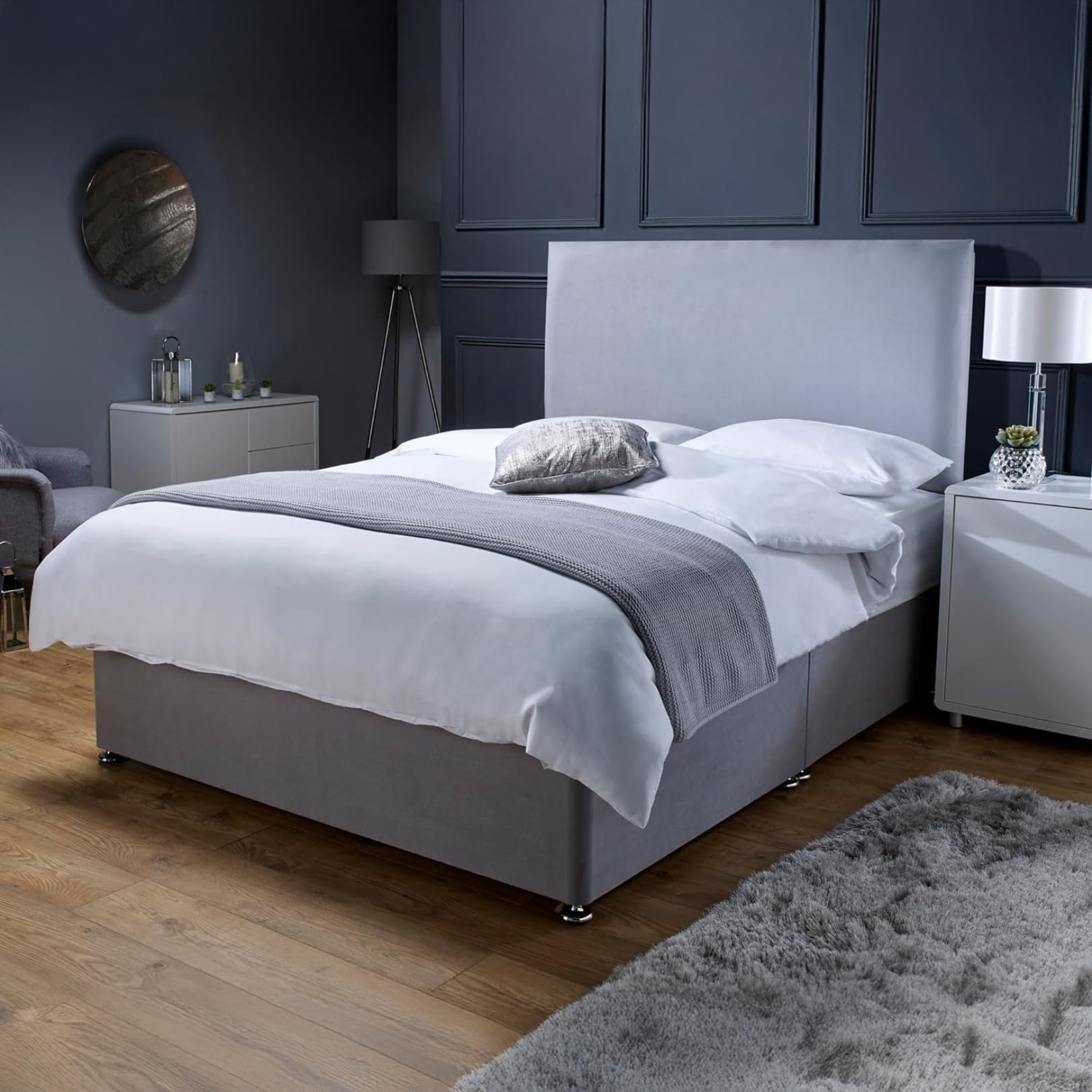 Savako Premium - Grey Plush Divan Bed Set with Memory Foam Mattress and Headboard with Chrome Feet - (3ft Single - 90cm x 190cm)