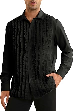 قميص Bbalizko رجالي كشكش سهرة 80s Prom Ruffled Button Down Frill Pleated Ruche طويل الأكمام أعلى