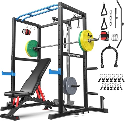 Miniatura 15 de Sportsroyals Jaula de Potencia, Rack de Potencia Multifuncional de 1600 libras con Sistema de Cruce de Cable Ajustable y Más Accesorios de Negro