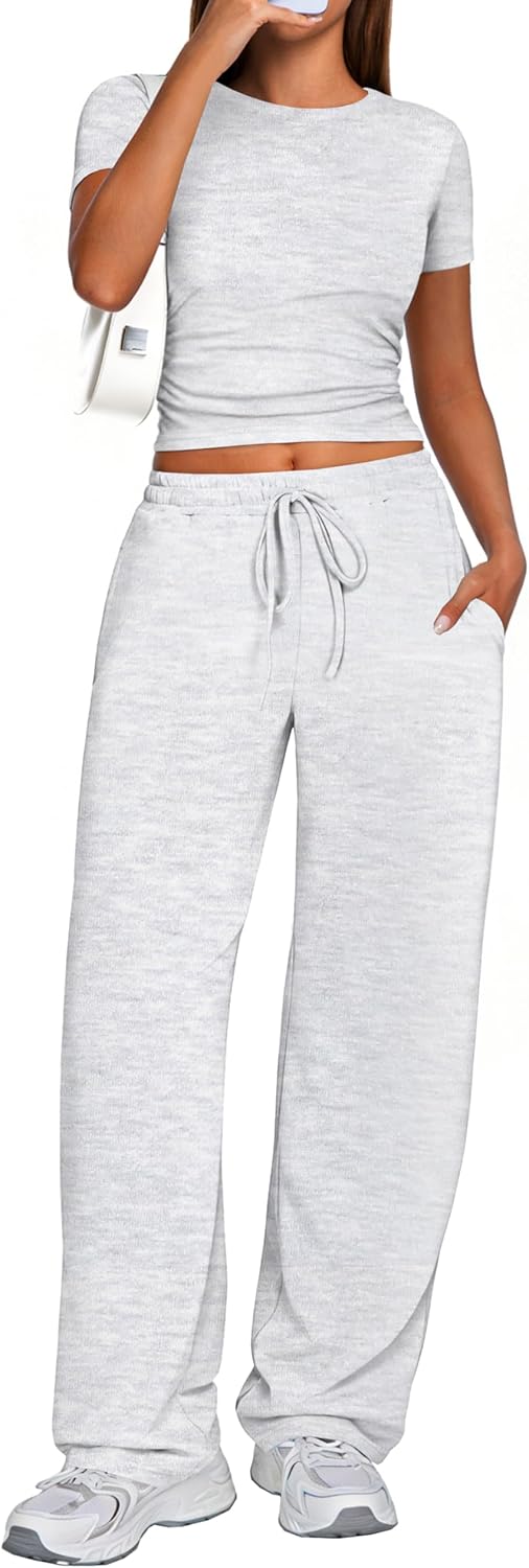 2 Piece Matching Summer Sweatsuit Lounge Set Womens Wide Leg Pants Side Ruching Crop Top Sets