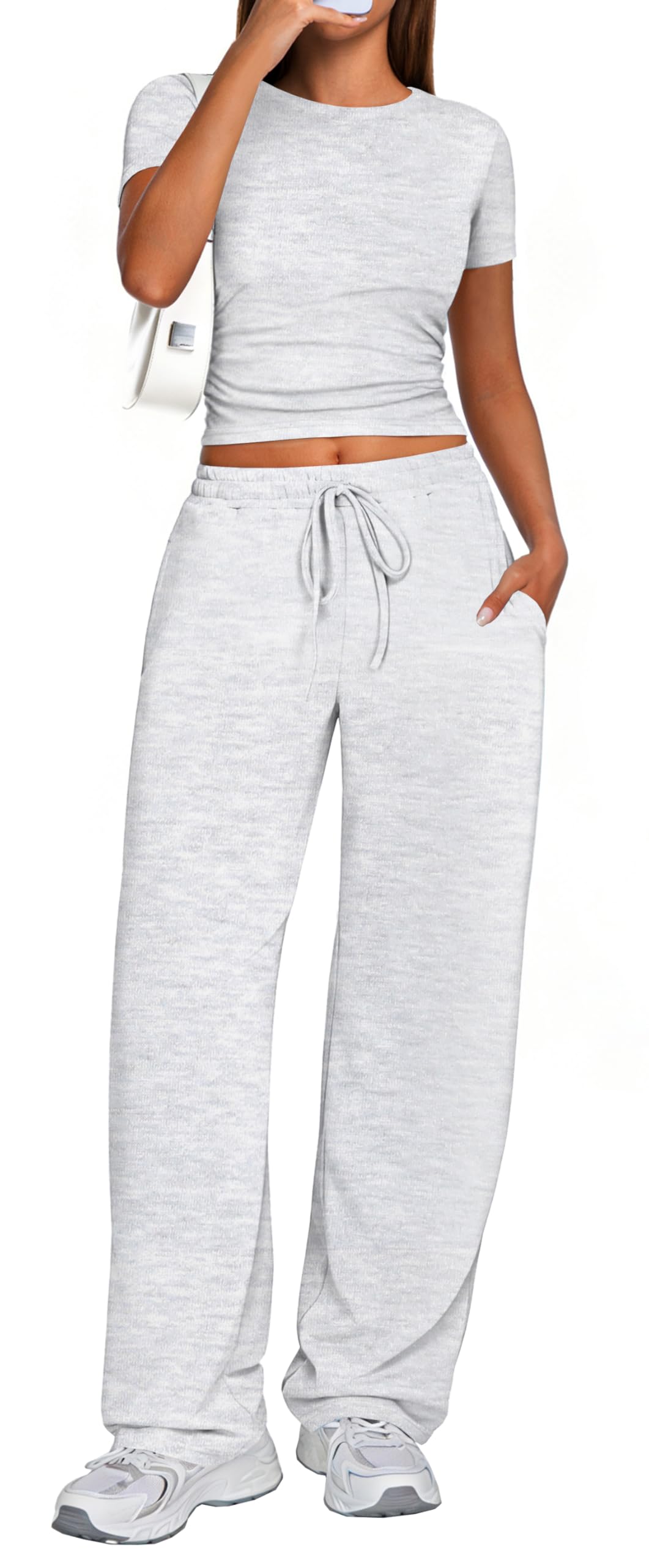 2 Piece Matching Summer Sweatsuit Lounge Set Womens Wide Leg Pants Side Ruching Crop Top Sets-image-29