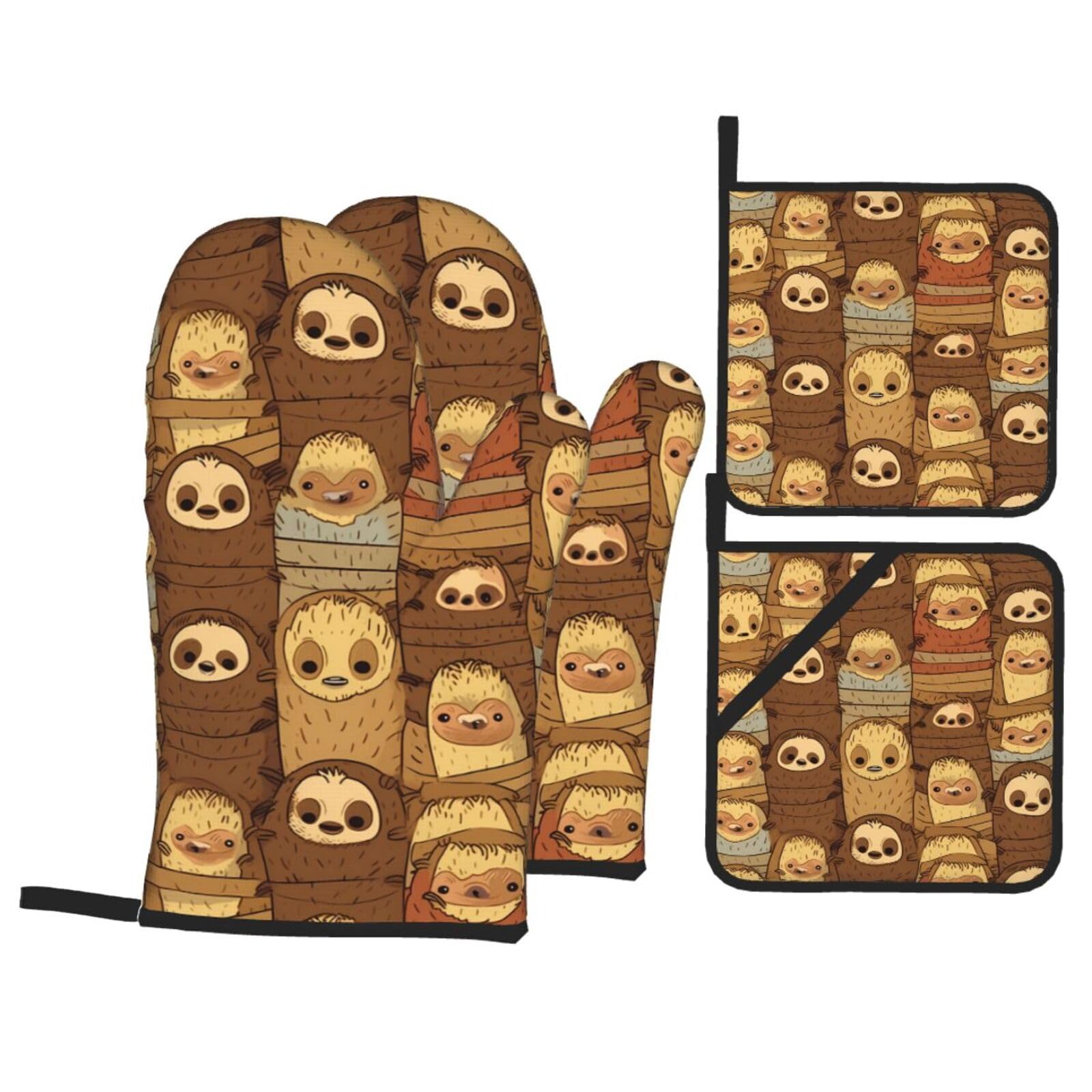 HJFCZH Sloth Stack Picture Kitchen Baking Set of 4 Thick Insulated Oven Mitt & Pot Holders, Anti-Scalding for Microwave, Oven, Outdoor BBQ