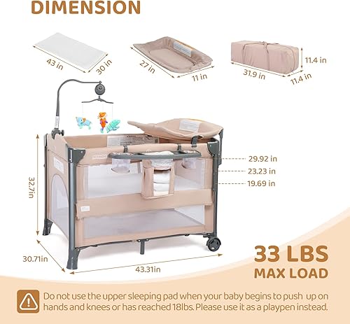 Miniatura 7 de JOYMOR Moisés de bebé 4 en 1 con mesa de pañales desmontable, paquete portátil y juego con colchón y sábana, juguete, ruedas y freno, bolsa de