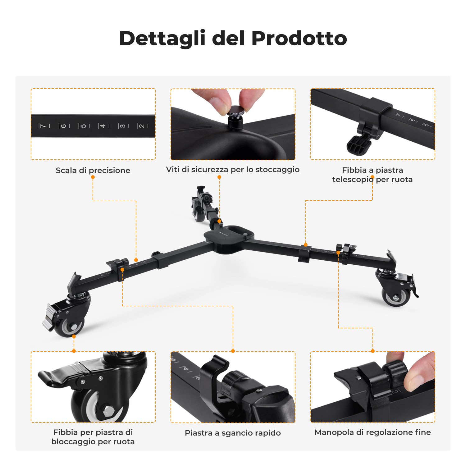 K&F Concept Heavy Duty Tripod Dolly, Carrucola per Treppiede Fotografica Universale con Ruote in Gomma da 3 inch e Gambe Regolabili e Borsa di Stoccaggio per Fotocamera e Videocamera, Max Carico 20kg