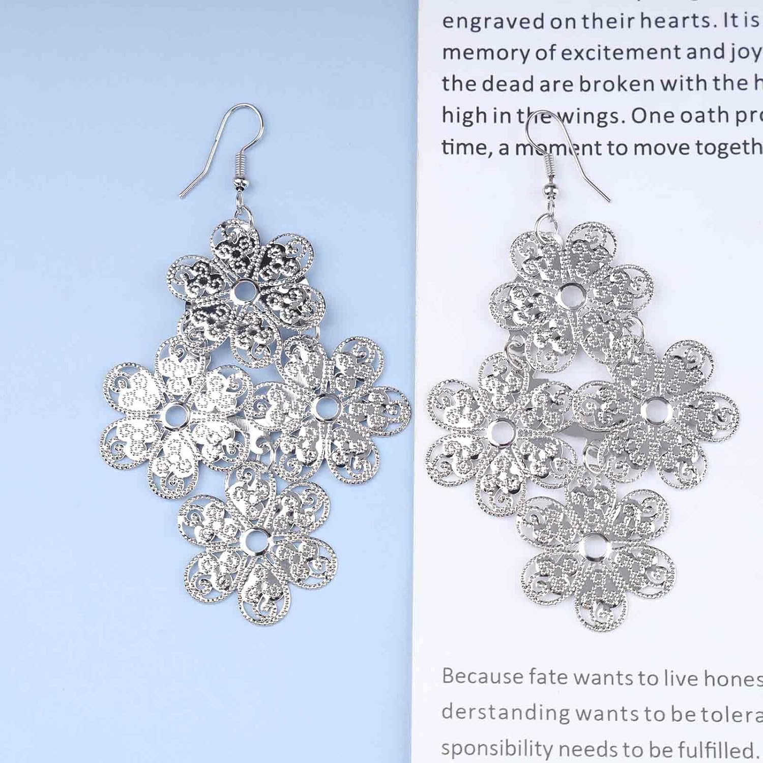 Andelaisi Boho Filigree Flower Earrings Vintage Cluster Flower Hook Earrings Silver Flower Dangle Earrings Super Lightweight Chandelier Earrings Jewelry for Women - Image 6