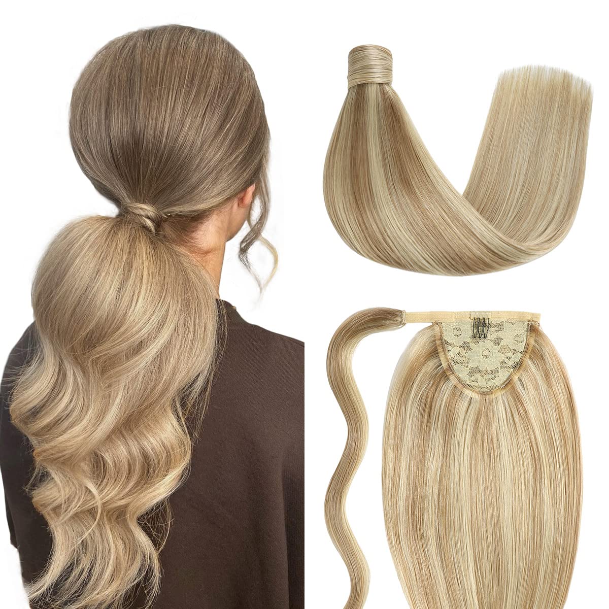 SUYYA Ponytail Wrap Around Clip in Hair Piece Ponytail Extension Straight Human Hair with Magic Paste 80G 20 Inch #P18/613 Ash Blonde/Bleach Blonde