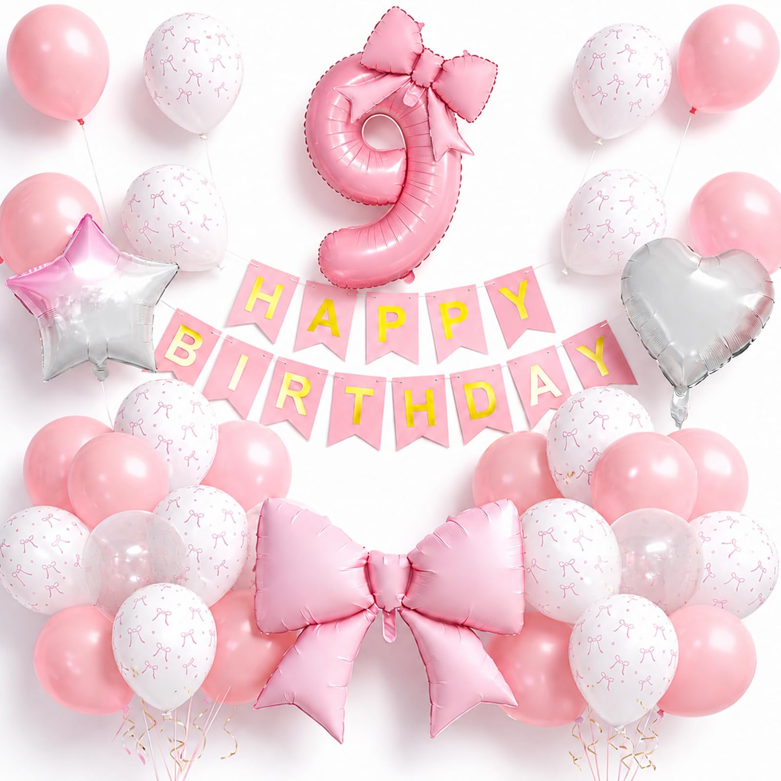 Pink Bow 9th Birthday Decorations for Girls, Giant Bows Balloon Number 9