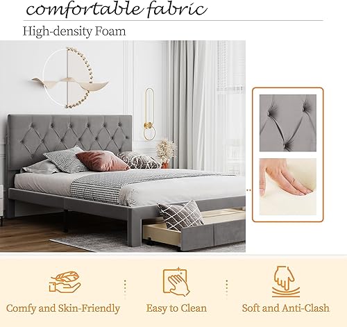 Miniatura 6 de Marco de cama tapizado de terciopelo de tamaño matrimonial con cajón de almacenamiento grande y cabecera ajustable, soporte de listones de madera