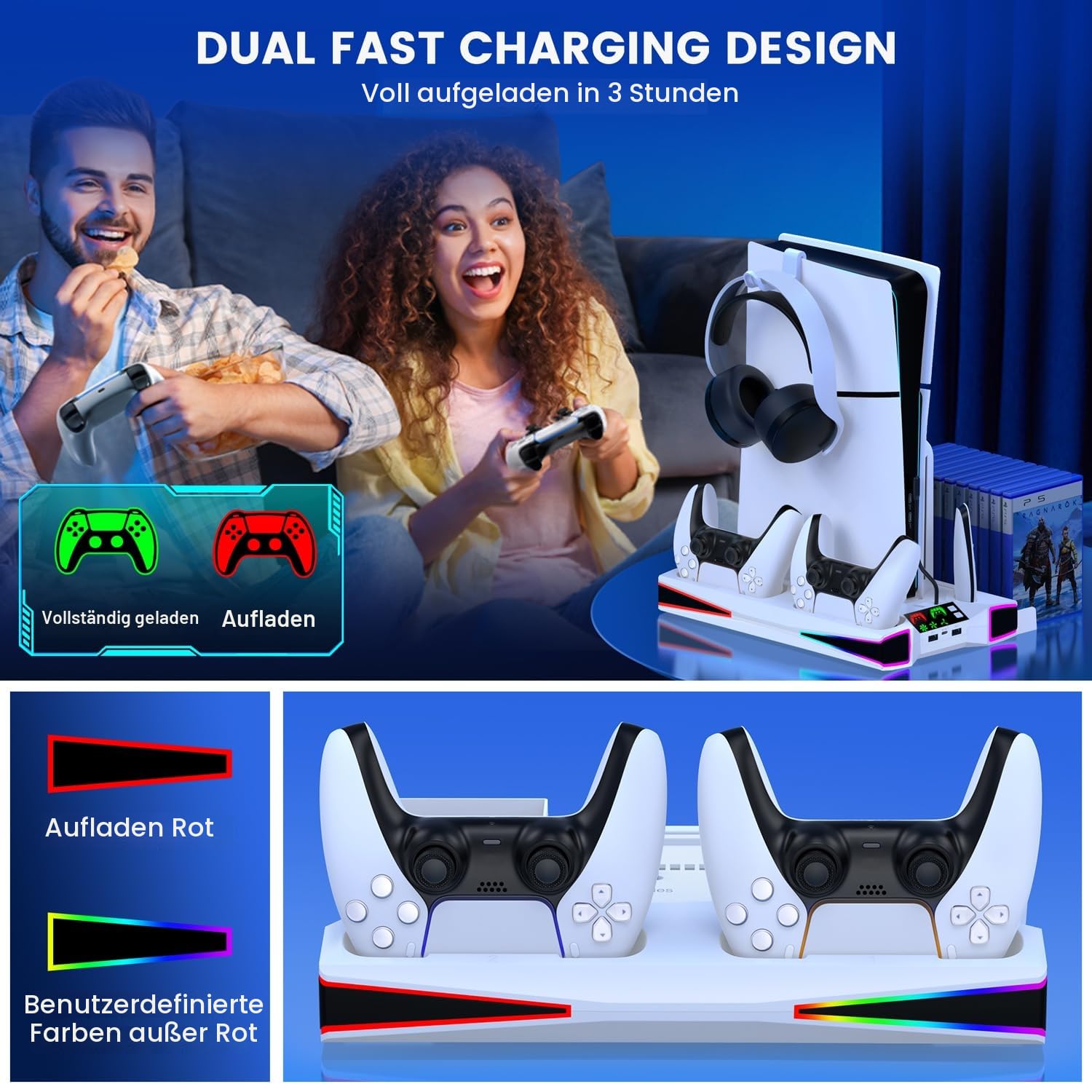 PS5/Slim/Pro Ständer und Kühlstation mit Dual-Controller-Ladestation für PlayStation 5 Konsole, PS5-Zubehör inkl. Controller-Ladegerät, Lüfter, Headset-Halterung, Weiß