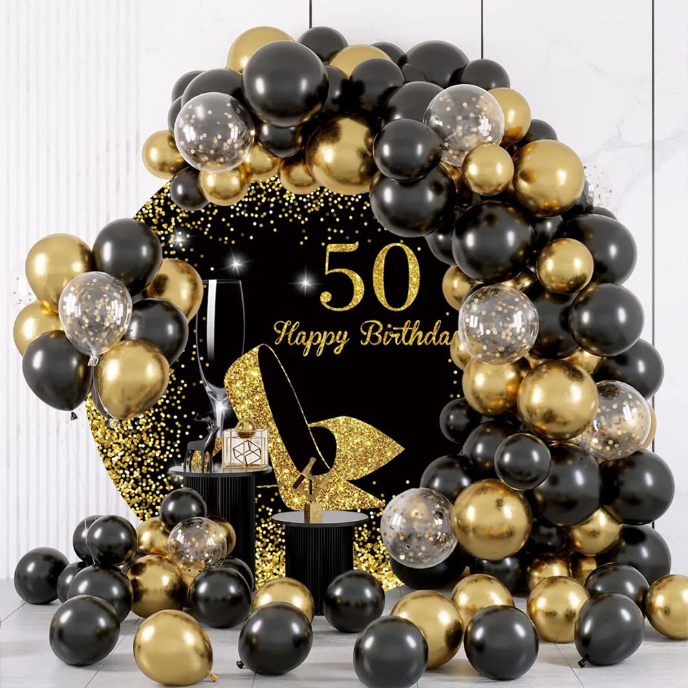 Toile de fond ronde « Happy 50th Birthday » pour femme - 2 x 2 m - Noir et doré - Paillettes - Champagne - Pour photographie - Décoration de fête d'anniversaire - Accessoires de studio photo