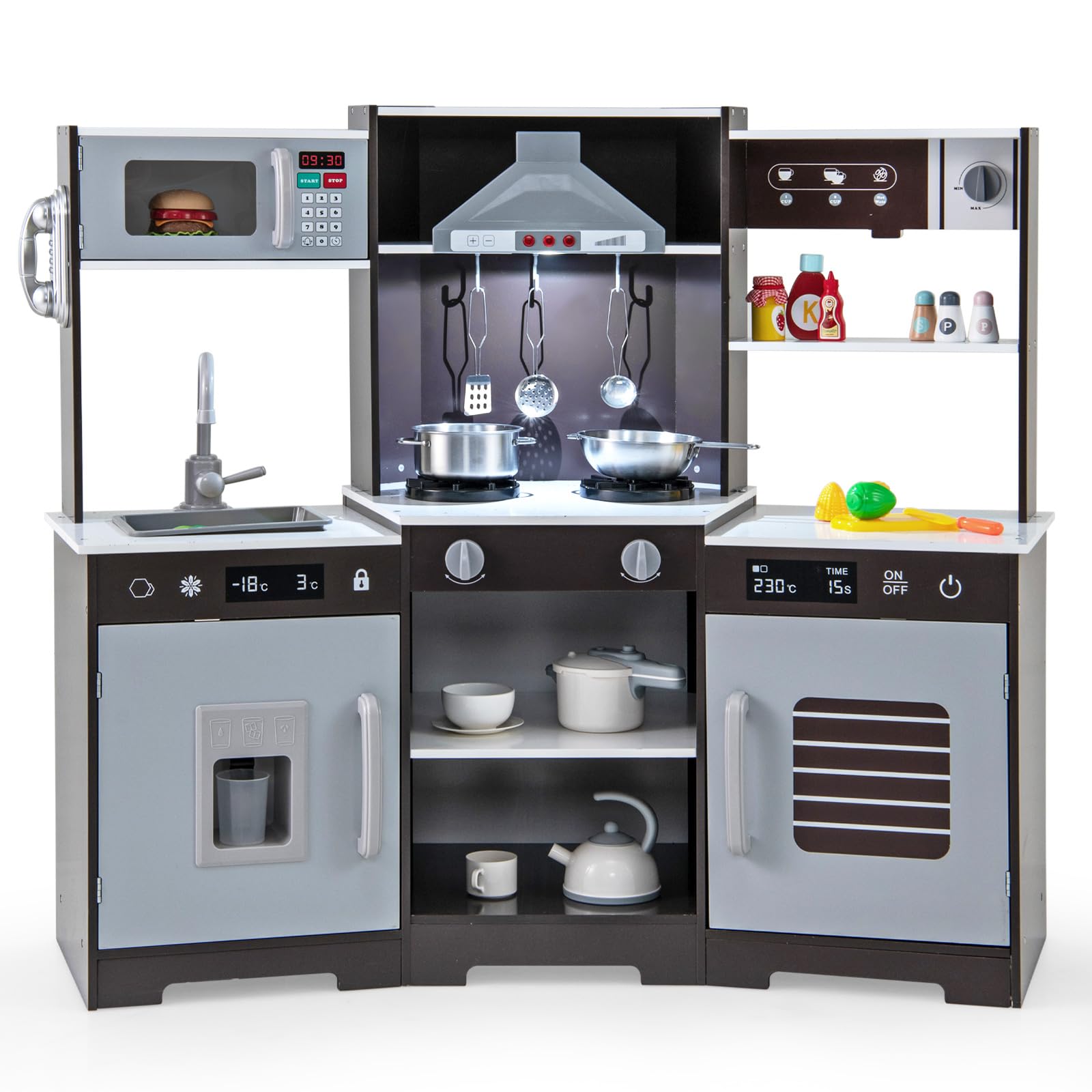 COSTWAY Kids Corner Play Kitchen, Wooden Pretend Toy Kitchen with Realistic Lights & Sounds, Range Hood, Ice Maker, Sink, Faucet, Utensils, Children's Chef Role Play Set for Boys Girls (Coffee)