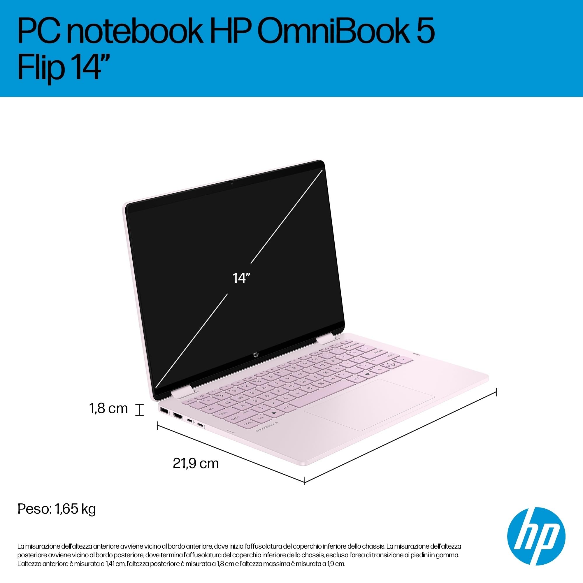 HP OmniBook 5 Flip 14-fp0003sl Notebook Intel Core 3 100U 8GB RAM 512GB SSD Windows 11 Convertibile Rosa Tastiera Italiana QWERTY