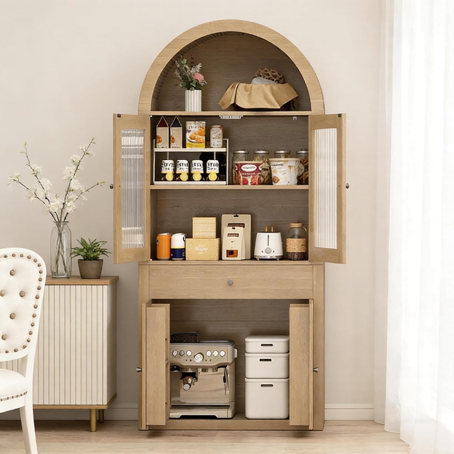 SIDUCAL 71" Tall Arched Pantry Cabinet with Acrylic and Fluted Doors, Wooden Arched Kitchen Pantry Cabinet with Adjustable Shelves for Living Room or Bathroom Storage, Natural