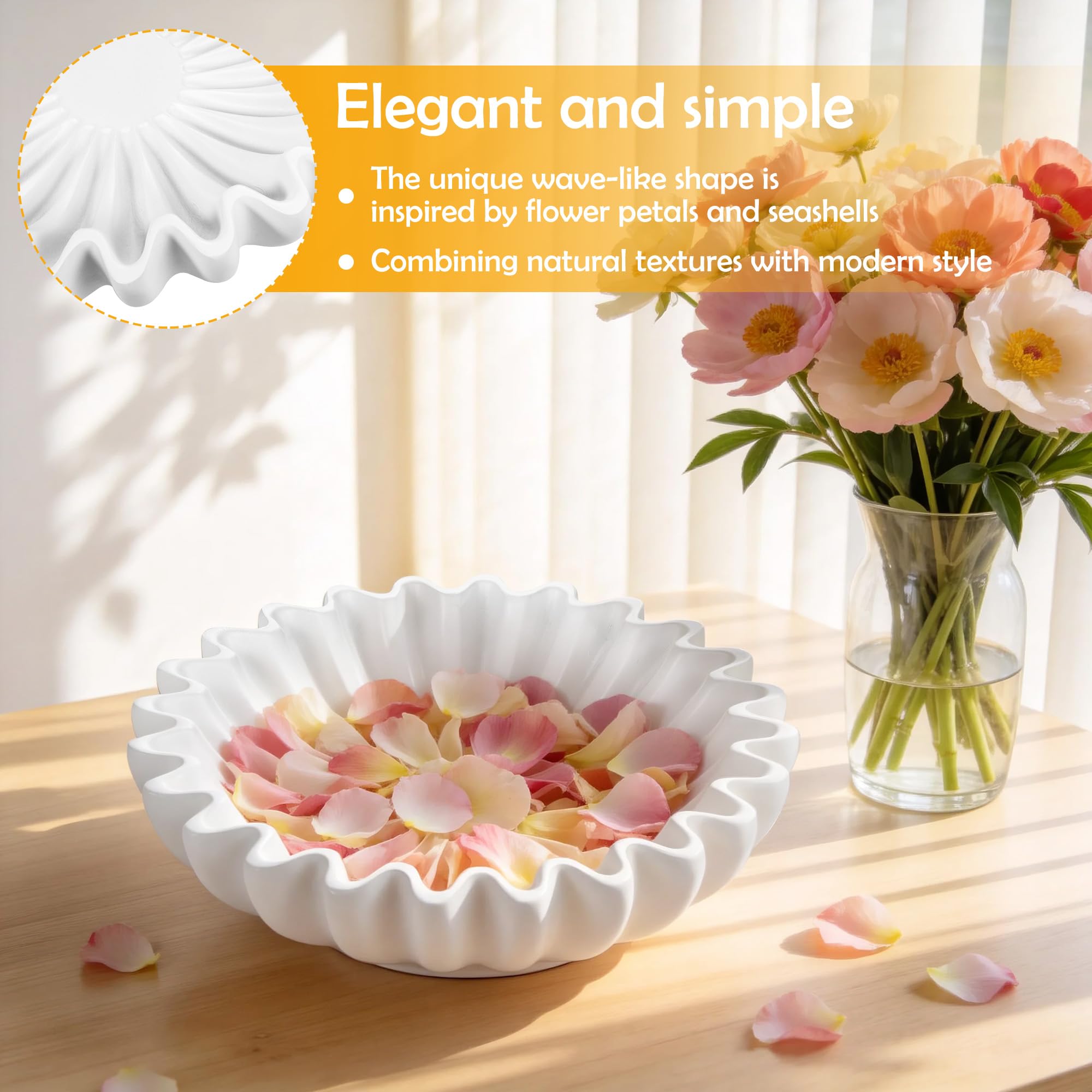 Zocipro Ciotola Decorativa Bianca 23,5 cm con Bordo Lavorato a Mano, Ideale per Frutta, Chiavi o Gioielli. Perfetta per Tavolo e Soggiorno, Regalo per Casa Nuova o Matrimonio