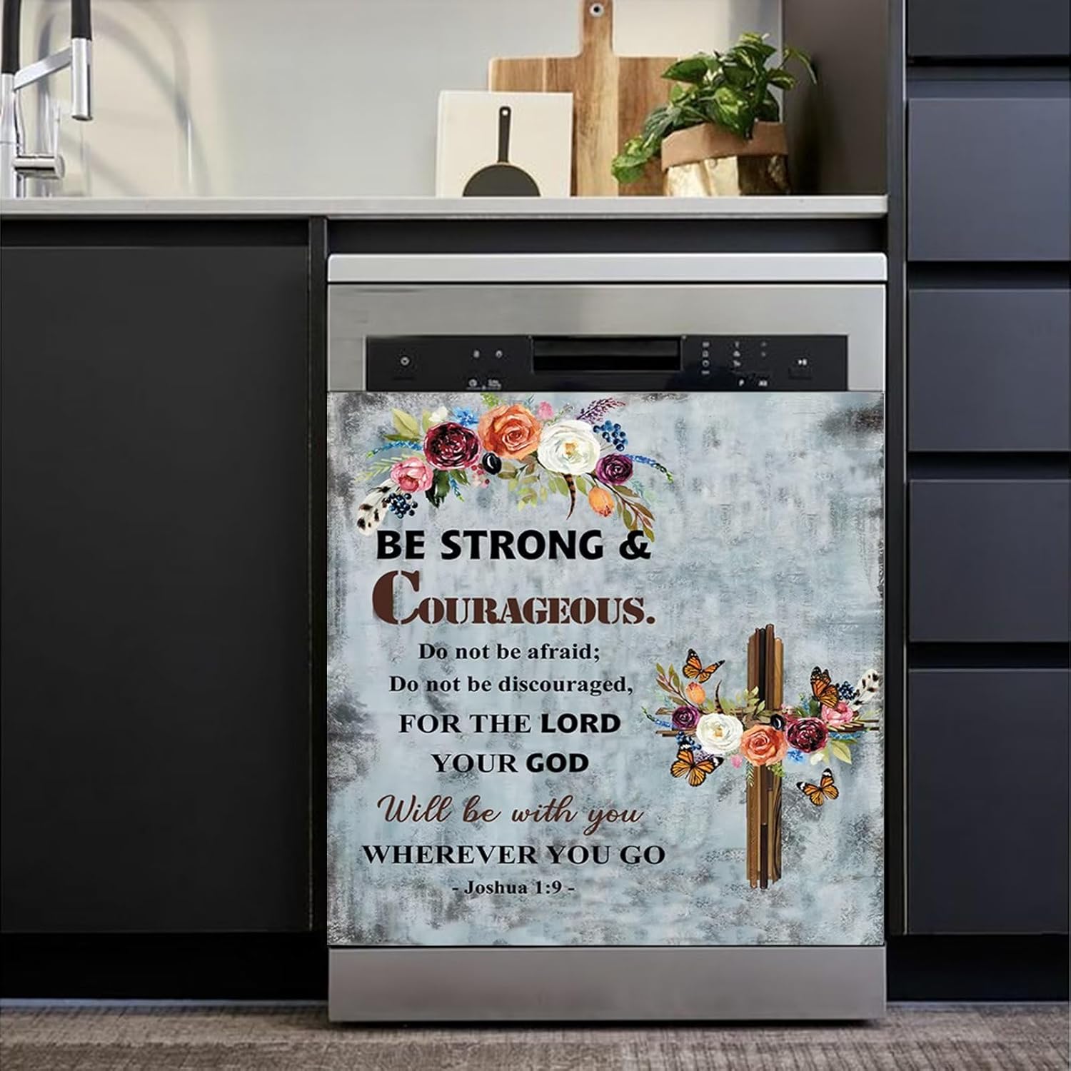 Religious Quote Dishwasher Magnet Cover,Joshua 1:9 Dishwasher Cover for Front,Rustic Country Style Magnetic Decal,Cross Fridge Magnets Decorations,Christian Gifts for Women,23"x26"
