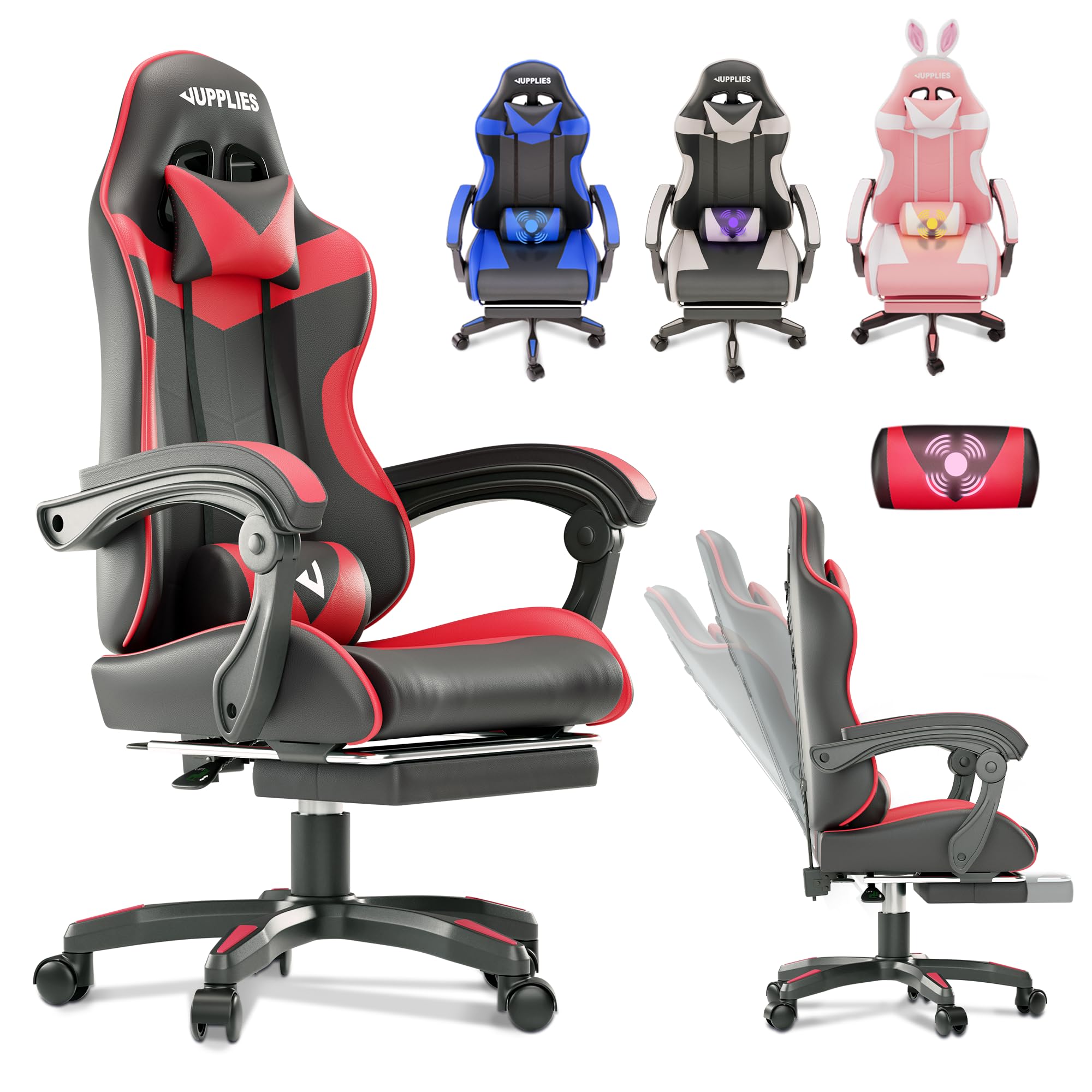 JUPPLIES Silla Gaming Profesional con Masajeador - Silla de Oficina Ergonómica con Reposapiés, Altura Regulable y Respaldo Abatible - Silla Gamer para Juegos