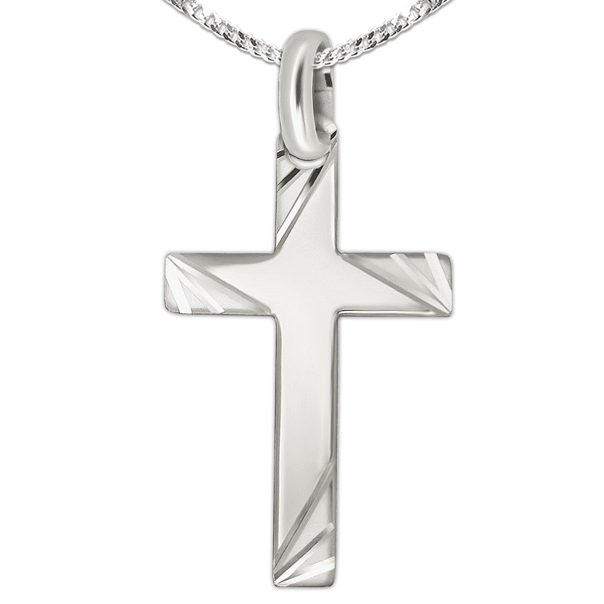 CLEVER SCHMUCK Große Kreuzkette Herren Kreuz 40 mm poliert mit Enden diamantiert gemustert und Panzerkette 50 cm lang STERLING SILBER 925 im Etui anthrazit