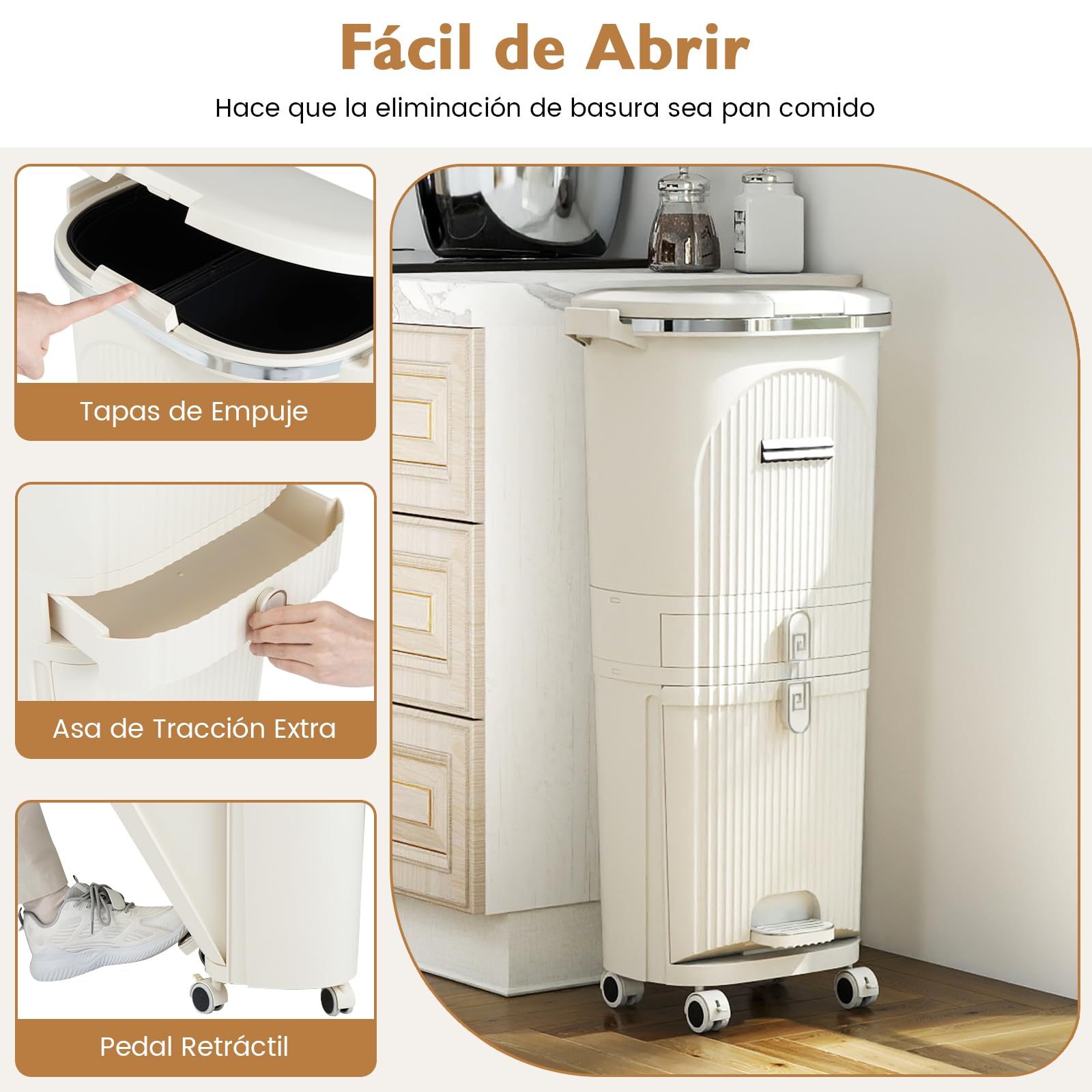 GOPLUS Cubo de Basura Cocina 42 L con 3 Compartimentos, Pedal y Ruedas, Cubo Basura con Tapa, 2 Cubos Extraíbles y Cajón, Contenedor Vertical para Reciclaje para Salón, Baño, Beige