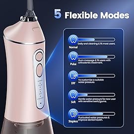 Water Flosser for Teeth Cleaning and Flossing, 5 Modes Rechargeable Cordless Oral Irrigator 320ml Water Tank Teeth Cleaner, IPX7 Waterproof Portable Electric Dentel Flossers for Home and Travel,Pink