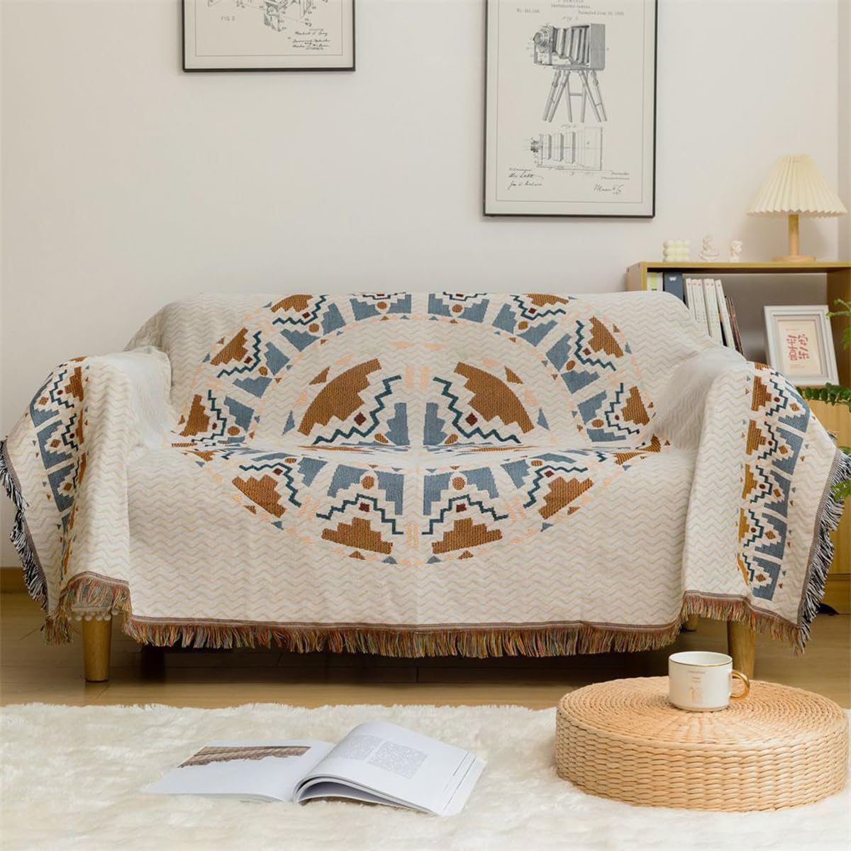 Czyminrout Boho Blanket, Sofa Blanket with Tassel, Couch Throw, Versatile Blanket, Aztec Ethnic Style Blanket, for Home, Office, Travel, Camping (Circular Pattern, 180 x 260 cm)