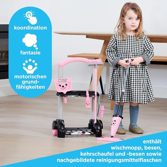 Casdon Henry & Hetty Toy - Henry Cleaning Trolley - Pink Hetty Design Playset with Mop Broom Dustpan and Accessories - Children's Cleaning Trolley Set - For Children Aged 3+
