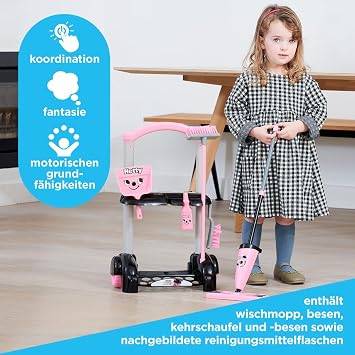 Casdon Henry & Hetty Toy - Henry Cleaning Trolley - Pink Hetty Design Playset with Mop Broom Dustpan and Accessories - Children's Cleaning Trolley Set - For Children Aged 3+