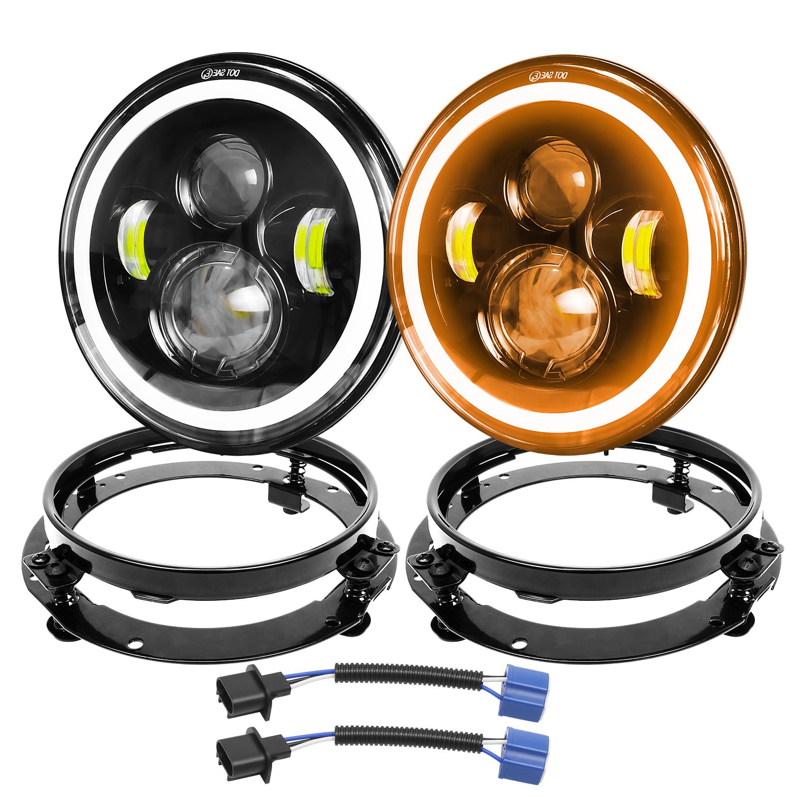 PICAA 2x 7 Zoll Runde LED Scheinwerfer Mit Rundring Halterung, 50W 5000LM 3000K+6000K 4 Modi Feuer Kreuz DRL HI LO Strahler Offroad Beleuchtung für Auto Wrangler JK TJ LJ CJ Humm-er