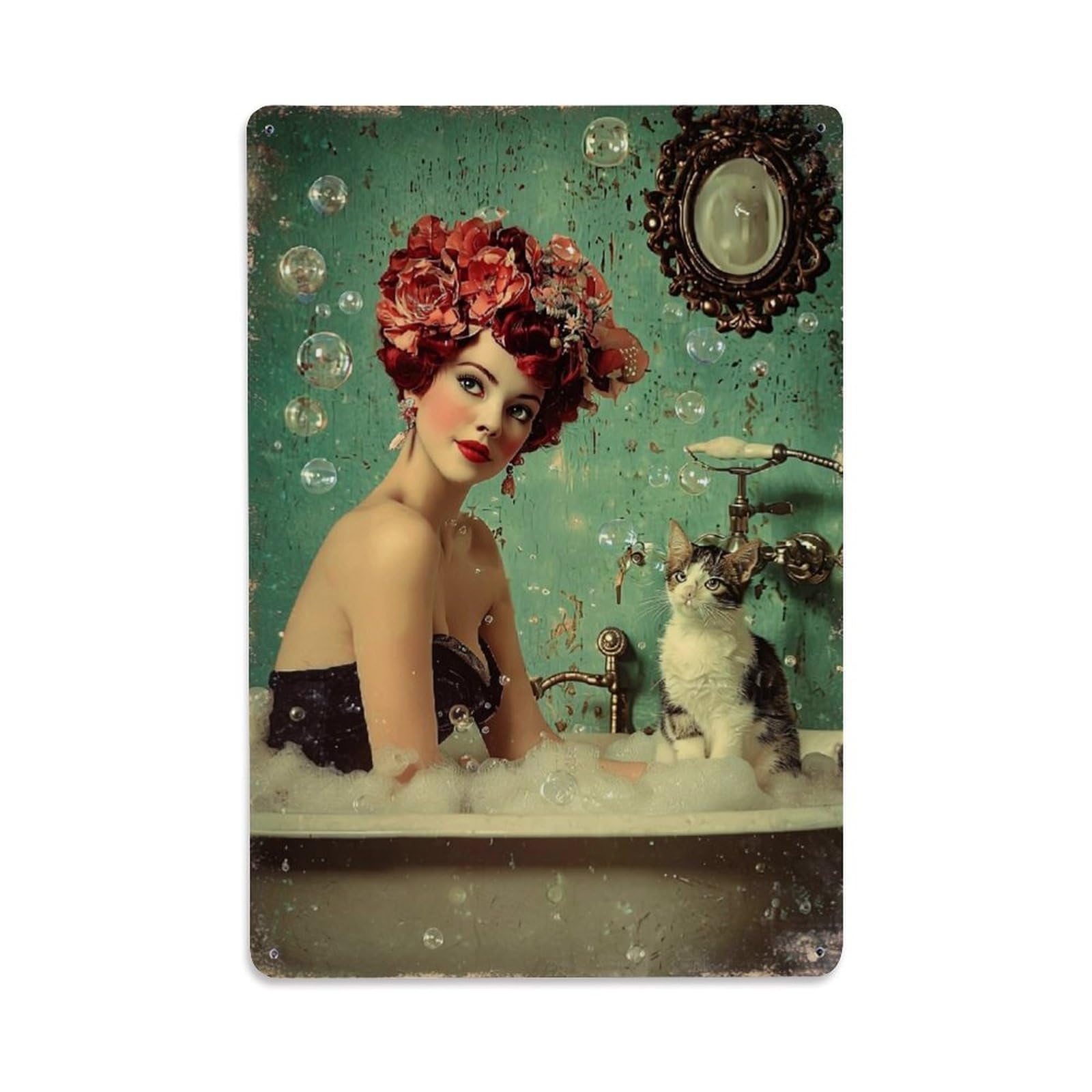 Jdfenggu Vintage Floral Headpiece Bathtub Cat Bubbles Retro Metal Tin Sign, Decor Art Poster For Bar, Home, Man Cave, Kitchen, Laundry Room Gift 8X12inch