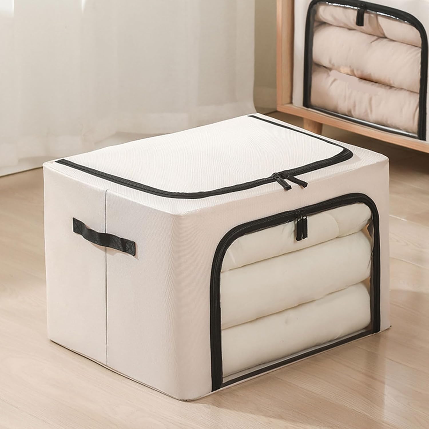 Foldable Clothes Storage Boxes Large Capacity Bins with Metal Frame Lids Clear Window and Sturdy Handles Daily Use Clothes Storage Bins