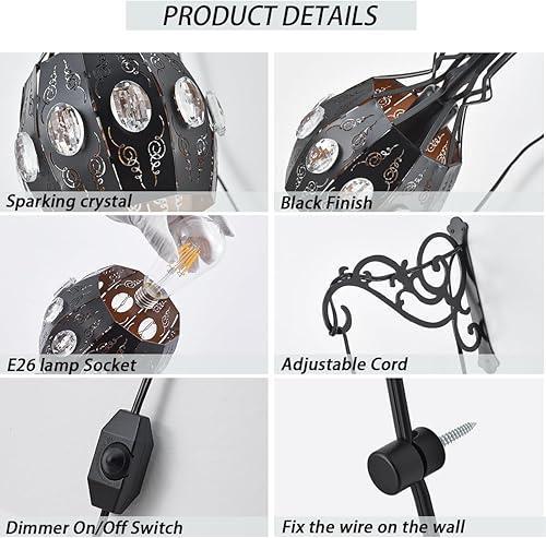 Miniatura 7 de 2 apliques de pared colgantes con enchufe regulables, luces de pared ajustables con cable de enchufe y regulador de intensidad de encendidoapagado,