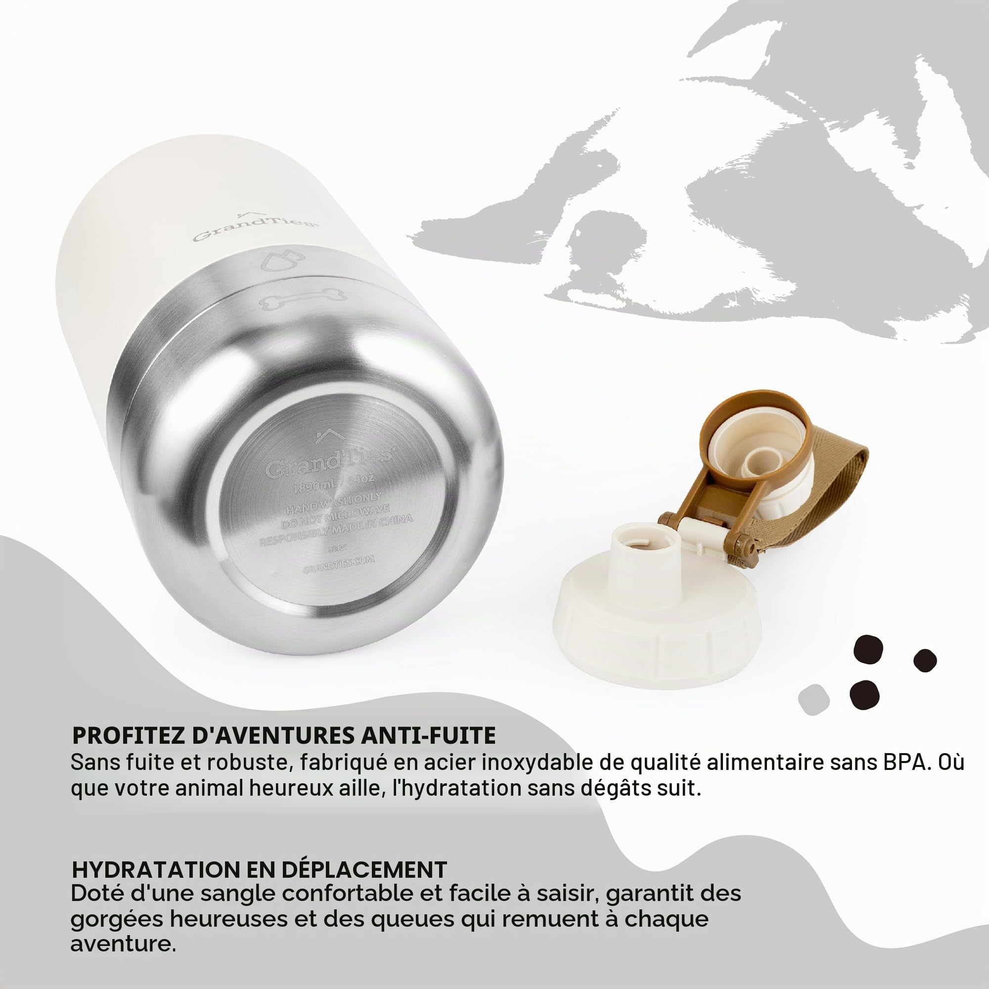 GrandTies Bouteille d'eau Portable Isotherme avec 2 distributeurs Amovibles pour Chien | Conteneur de Voyage Alimentaire étanche | Marche, randonnée, Camping (1,9 l, Blanc Ivoire)