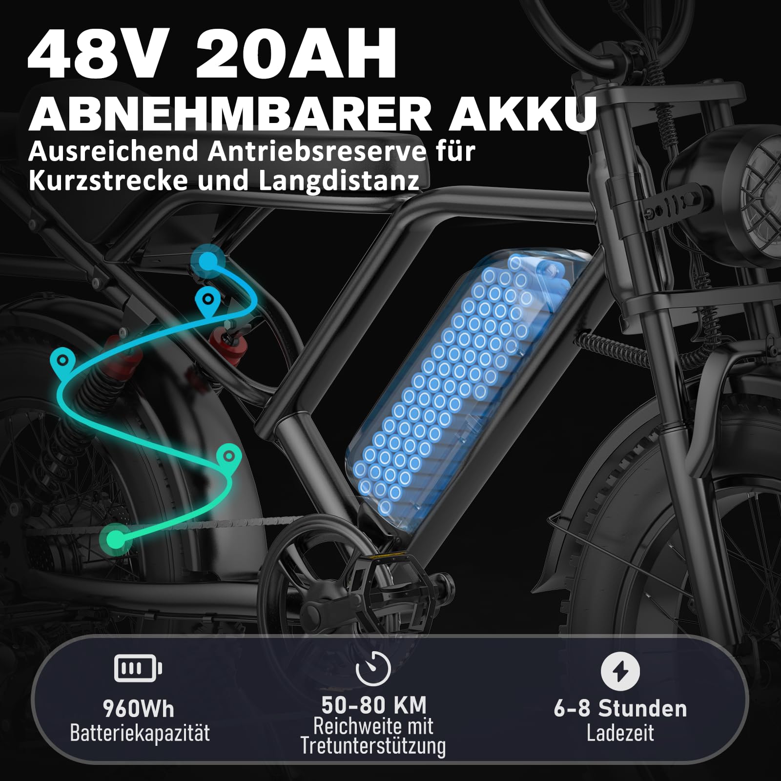 Lunos BK20 Elektrofahrrad für Erwachsene, 20 Zoll Fettreifen All-Terrain Offroad E-Bike, 48V 20AH abnehmbare Batterie, 50-80KM Reichweite, Vollgefedert, 7-Gang Schaltung, LED-Vorderlicht
