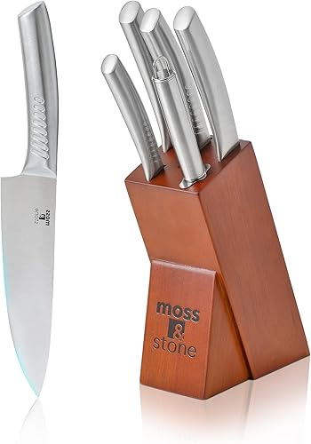 Moss & Stone Juego de cuchillos de cocina profesional, juego de 6 cuchillos pequeños con bloque, juego de cuchillos de cocina de alta calidad, acero