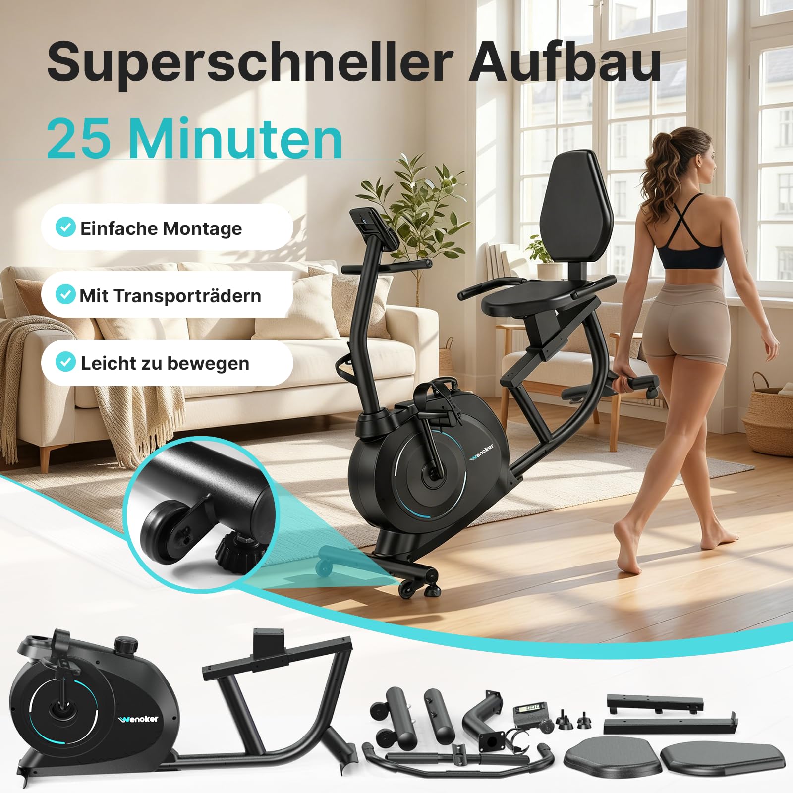 Wenoker Ergometer Liege- Heimtrainer mit Magnetbremse, Pulssensoren und LCD-Display, 16 Widerstandsstufen Bis 160KG, Sitzergometer mit Rückenlehne für Senioren