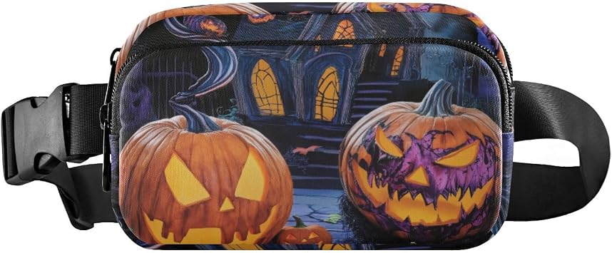 Horror Pumpkin Ghost Castle Halloween Fashion Fanny Pack for Men Women, Small Waterproof Waist Pack with Adjustable Strap for Travel Running Hiking