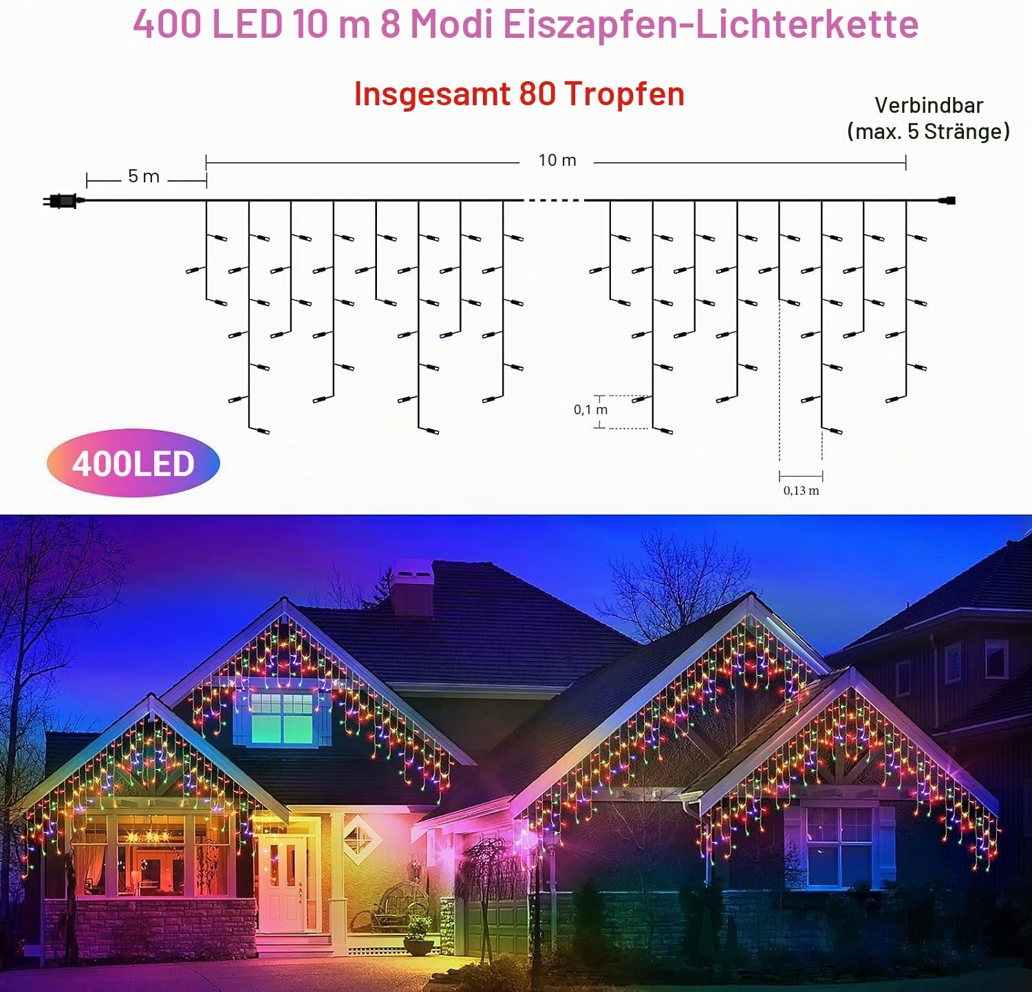 GlobaLink 400 LED Lichterkette Eisregen, 10M Lichtervorhang Außen erweiterbar Regenlichterkette Eiszapfen IP44 Lichterkette außen und Innen Deko für Dach Balkon Weihnachten Party Hochzeit - Bunt | Lichtervorhang Außen erweiterbar mit Timer und 8 Modi, IP4